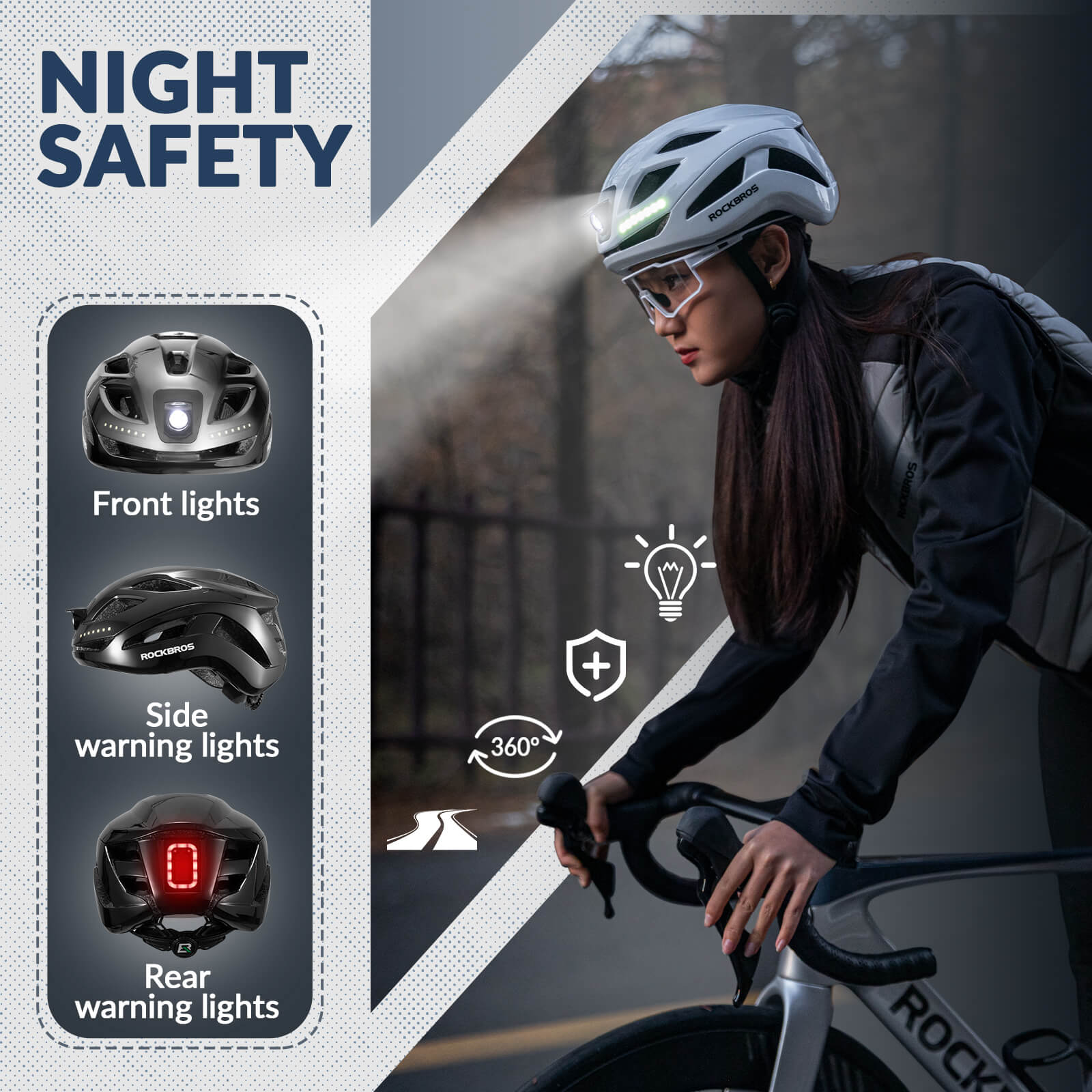 ROCKBROS bike helmet with LED front and rear lights for night cycling safety
#Color_Black