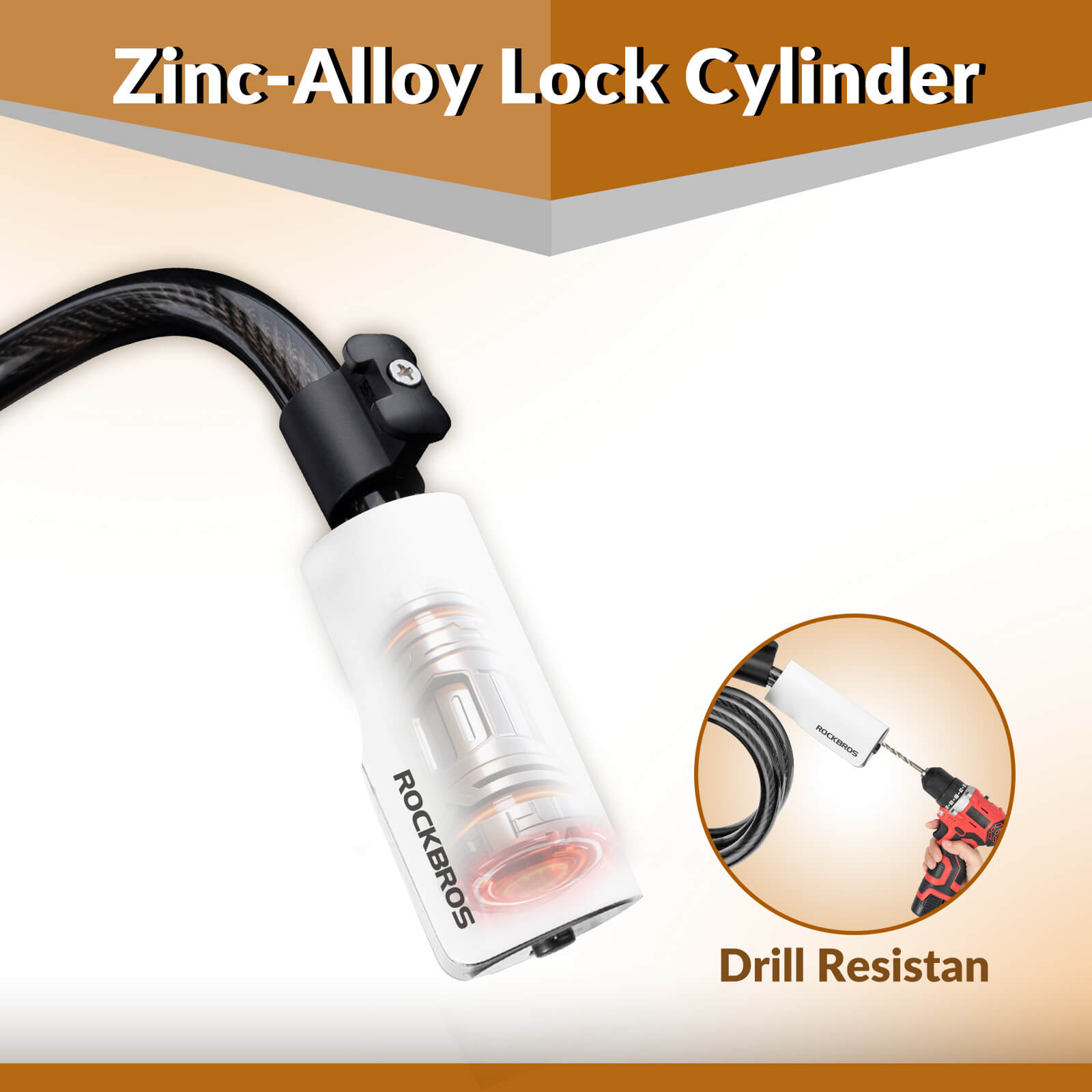 Heavy-duty ROCKBROS bike lock close-up showing solid steel cable construction
#Color_White