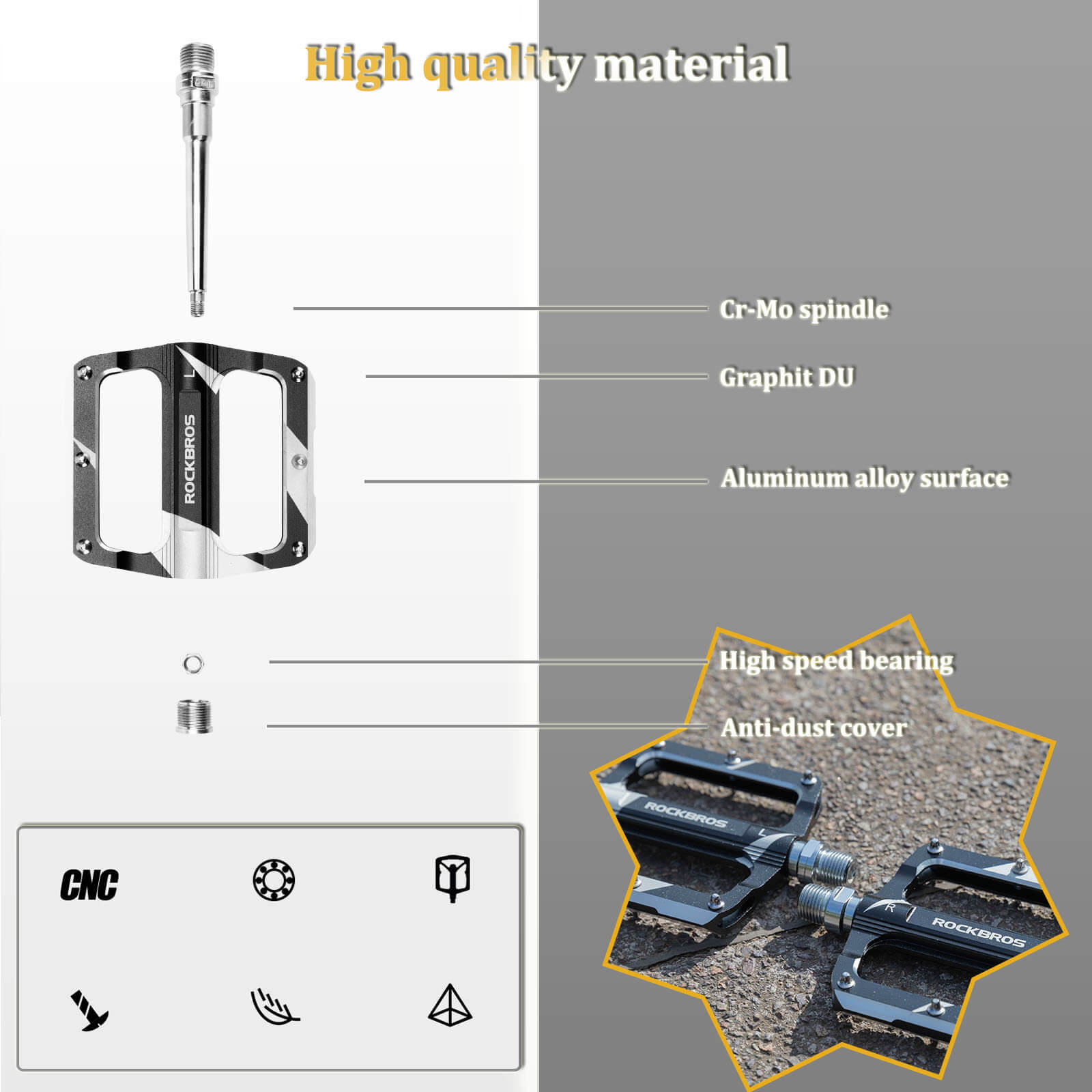 Easy-install ROCKBROS bike pedals compatible with MTB, BMX, road and hybrid bikes