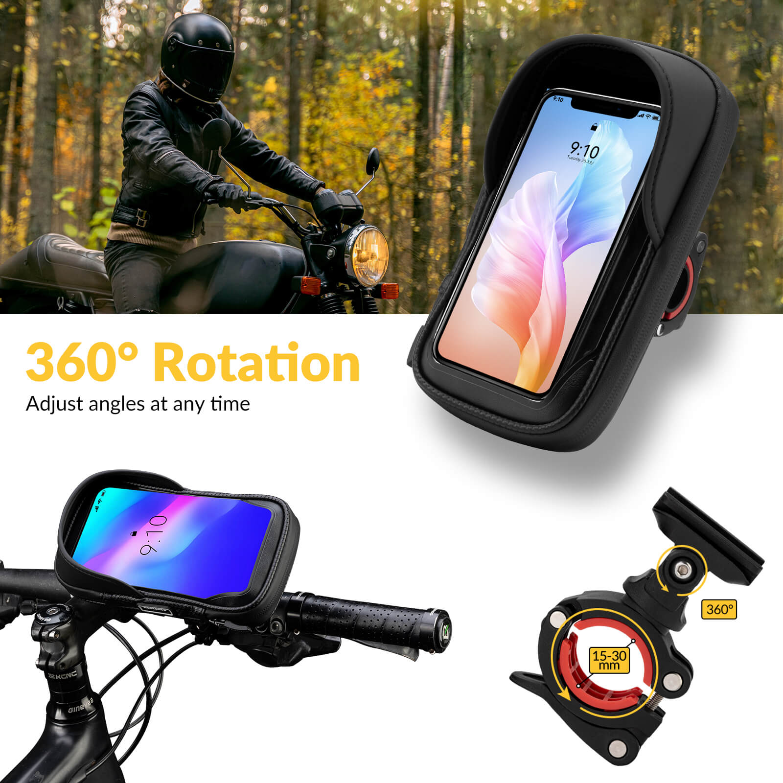 ROCKBROS 360° rotation bike phone mount bag with carbon texture design