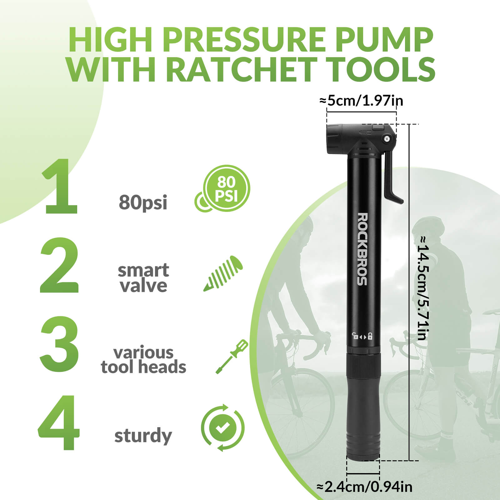 ROCKBROS portable bike pump with 80 PSI high pressure