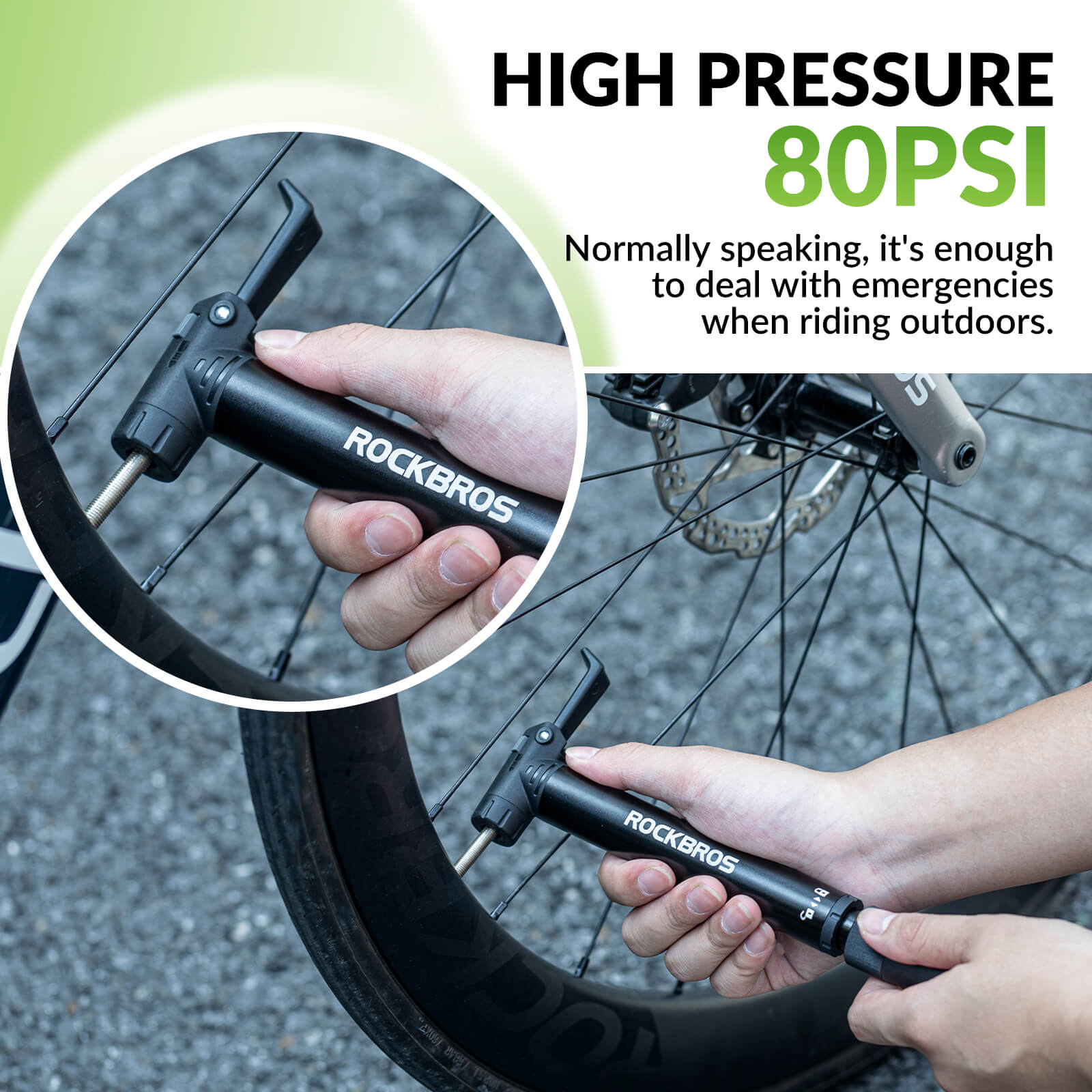 ROCKBROS portable bike pump inflating a bicycle tire
