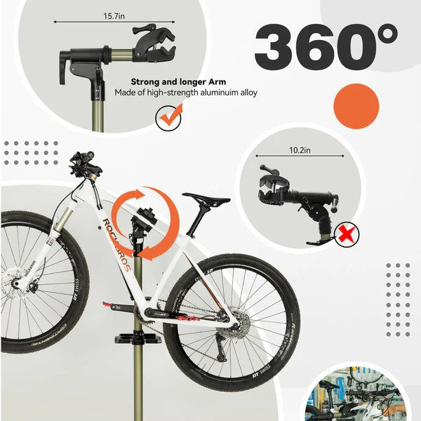 ROCKBROS bike repair stand featuring 360° rotating clamp for secure bicycle mounting during maintenance.