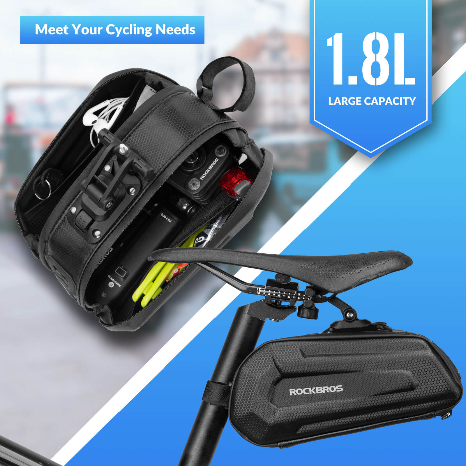 ROCKBROS Hard Shell Large Capacity Bike Saddle Bag with Rear Seat Mount, Reflective and Durable for Road and Mountain Cycling