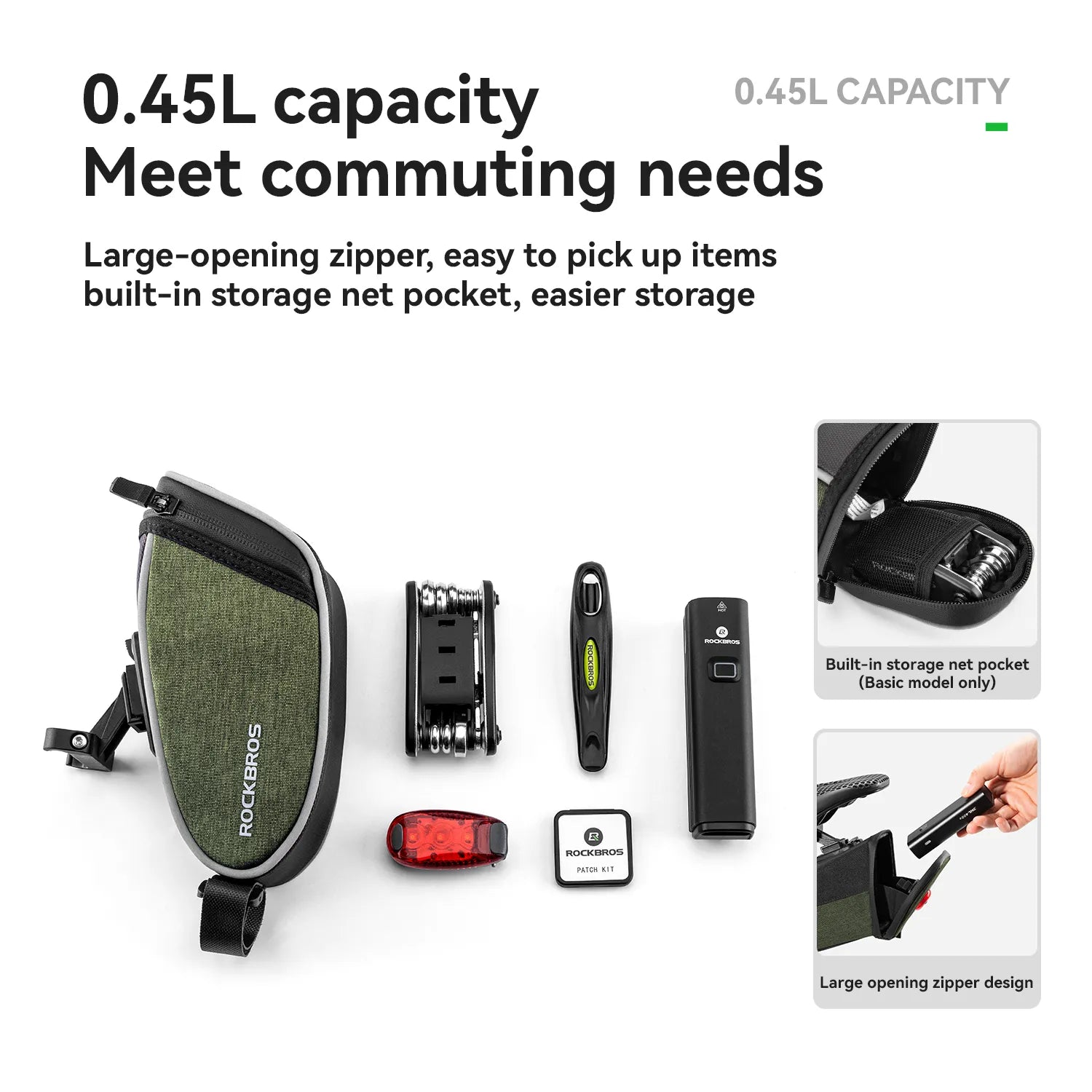 ROCKBROS bike saddle bag with removable smart tail light for commuting and night riding
