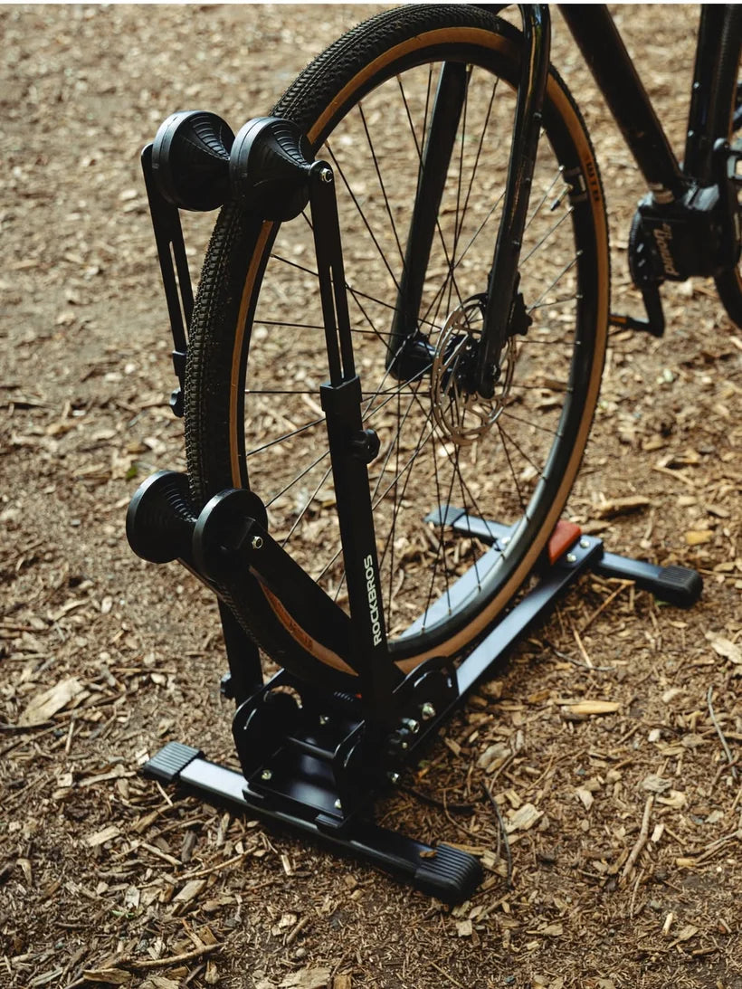 ROCKBROS bike stand featured in a real rider setup for everyday bike storage