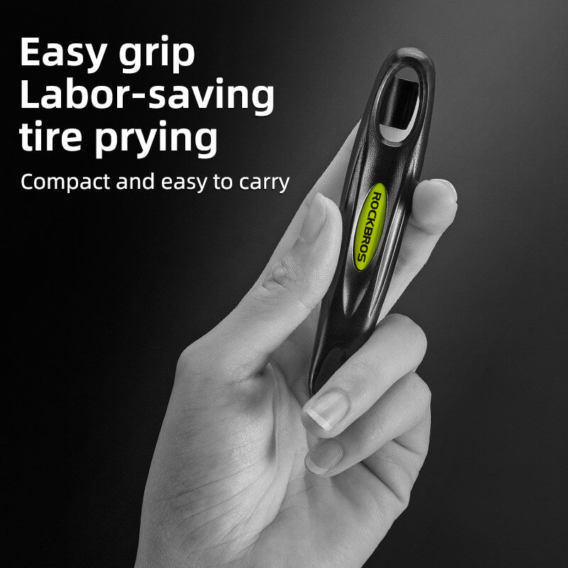ROCKBROS bike tire lever with spoke hook, easy-grip design, clip-together storage, and built-in deflate valve