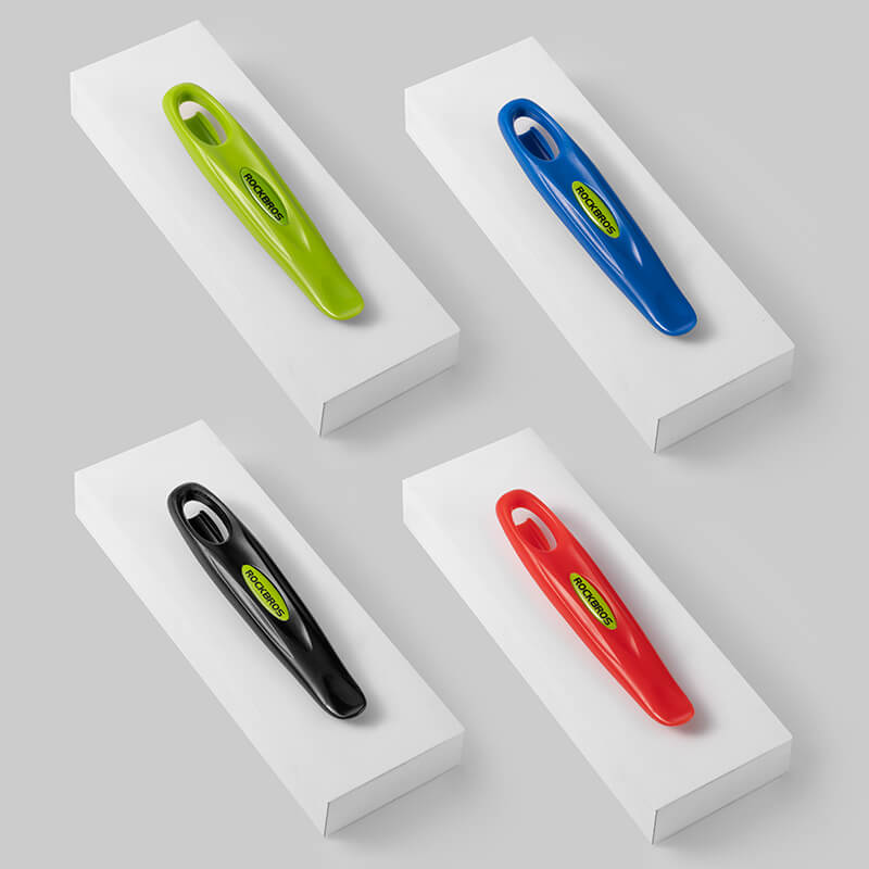 ROCKBROS bike tire lever with spoke hook, easy-grip design, clip-together storage, and built-in deflate valve
