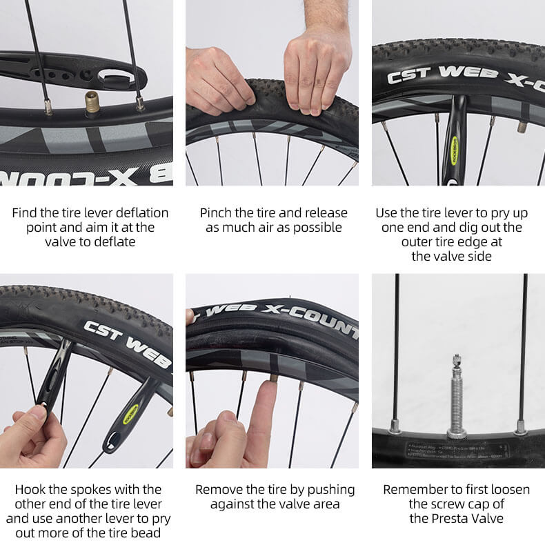 ROCKBROS bike tire lever with spoke hook, easy-grip design, clip-together storage, and built-in deflate valve