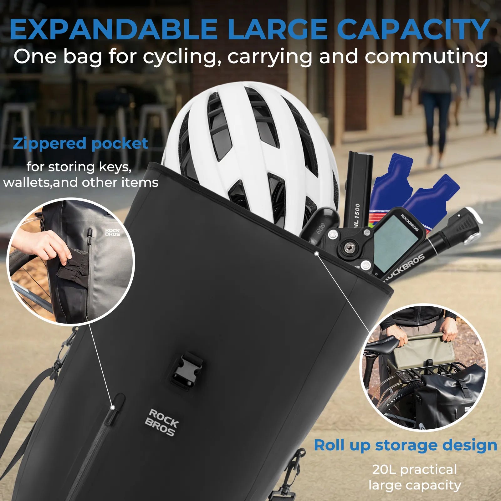 ROCKBROS black waterproof bike pannier 20L roll top rear rack bag
#Color_Black