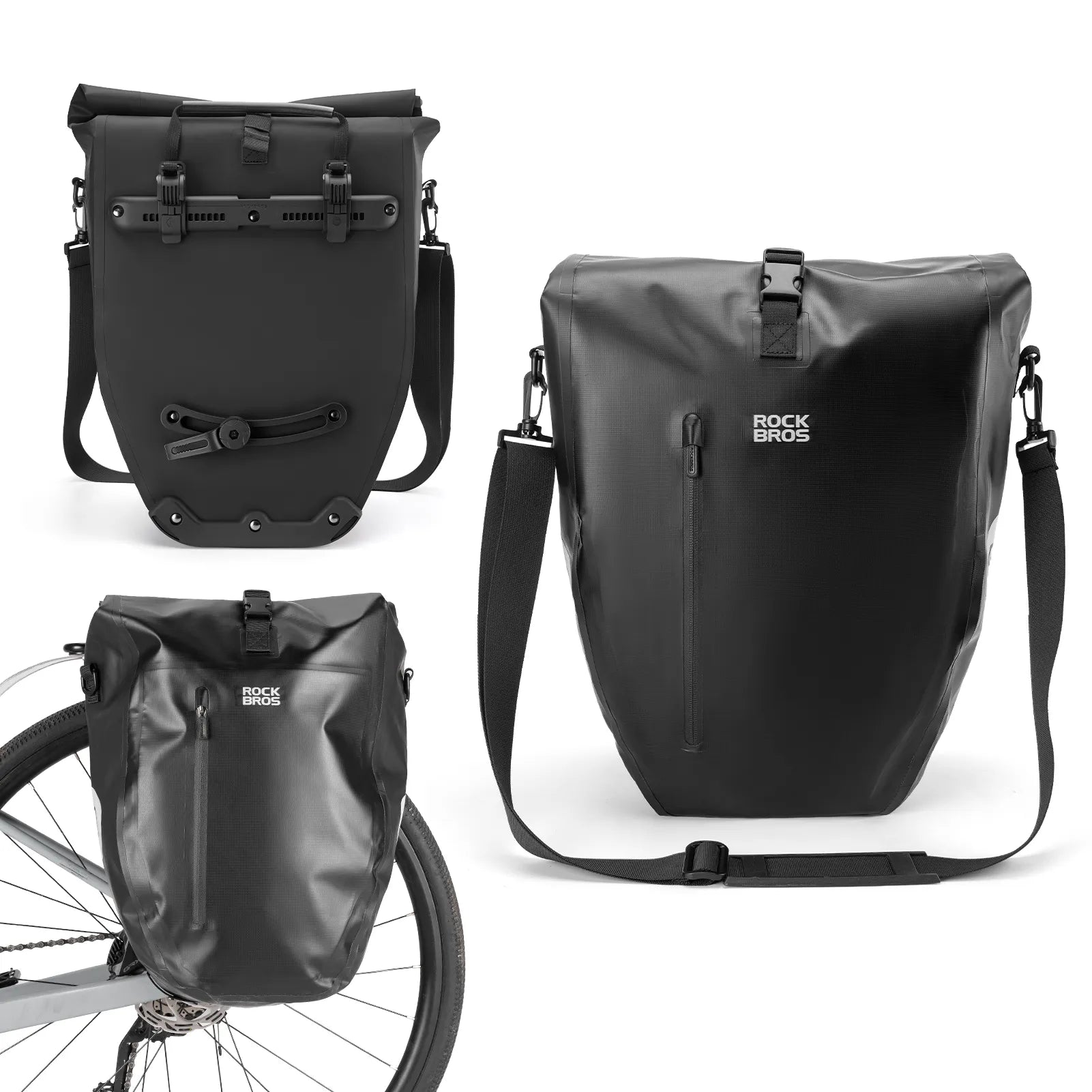 ROCKBROS black waterproof bike pannier 20L roll top rear rack bag
#Color_Black