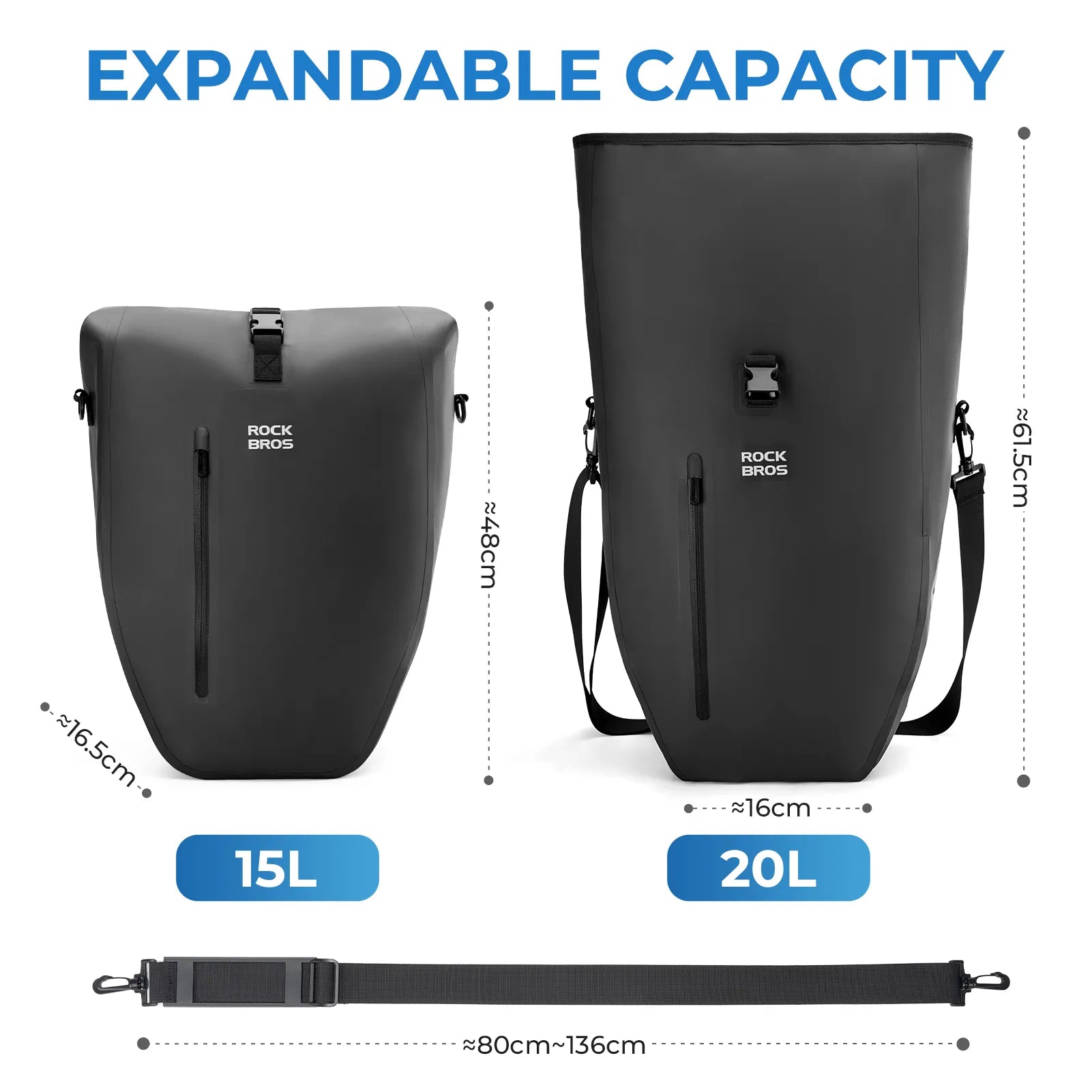 ROCKBROS black waterproof bike pannier 20L roll top rear rack bag
#Color_Black