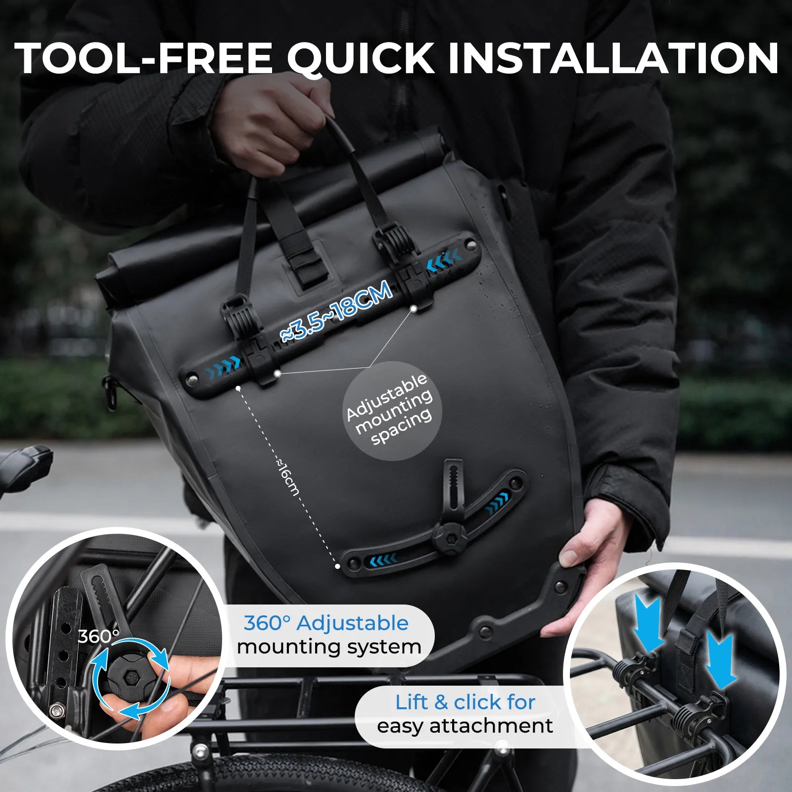 ROCKBROS black waterproof bike pannier 20L roll top rear rack bag
#Color_Black