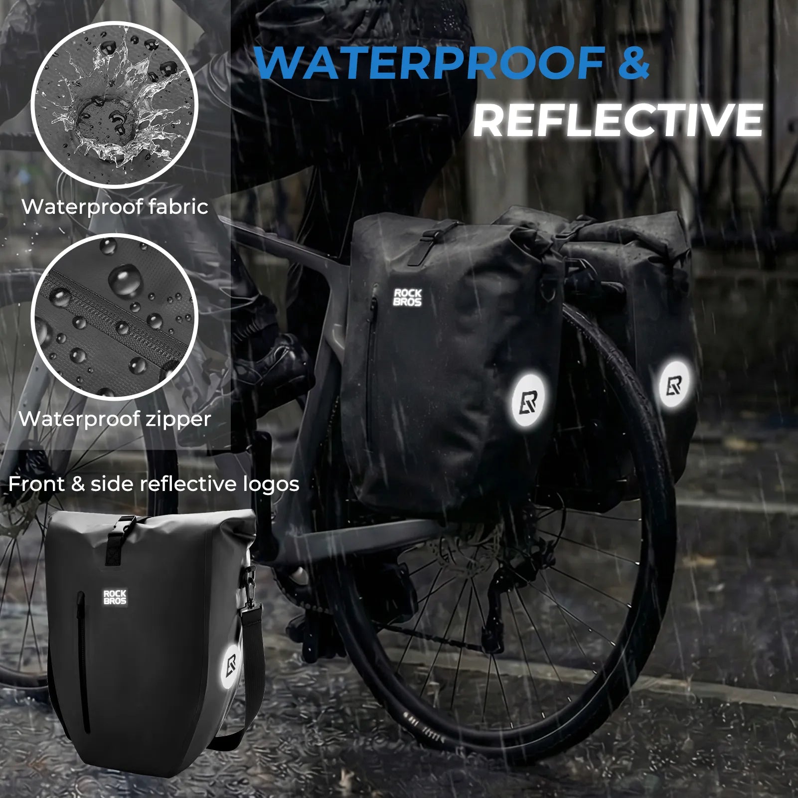 ROCKBROS black waterproof bike pannier 20L roll top rear rack bag
#Color_Black
