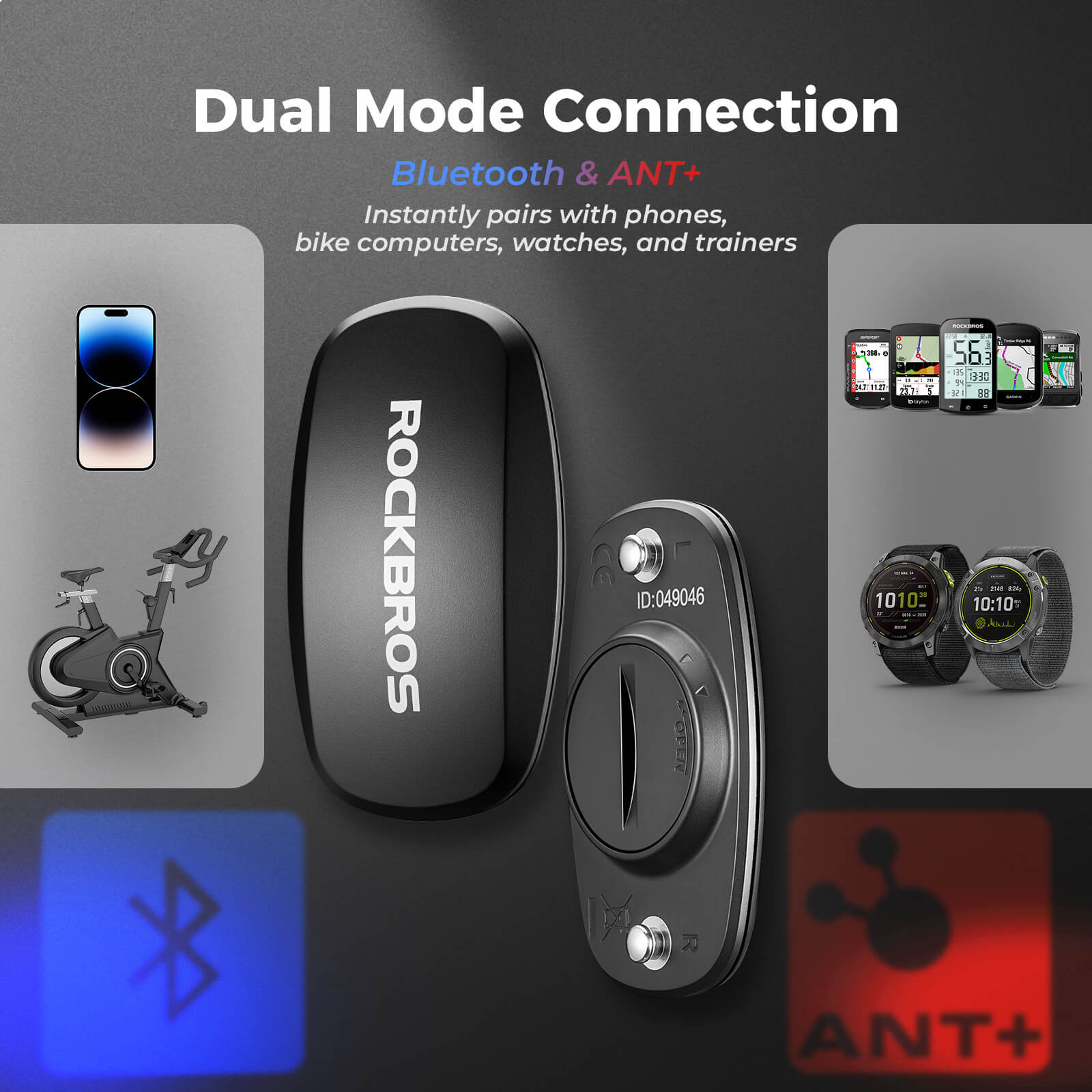 ROCKBROS Bluetooth ANT+ heart rate monitor chest strap for cycling, running, and fitness training
