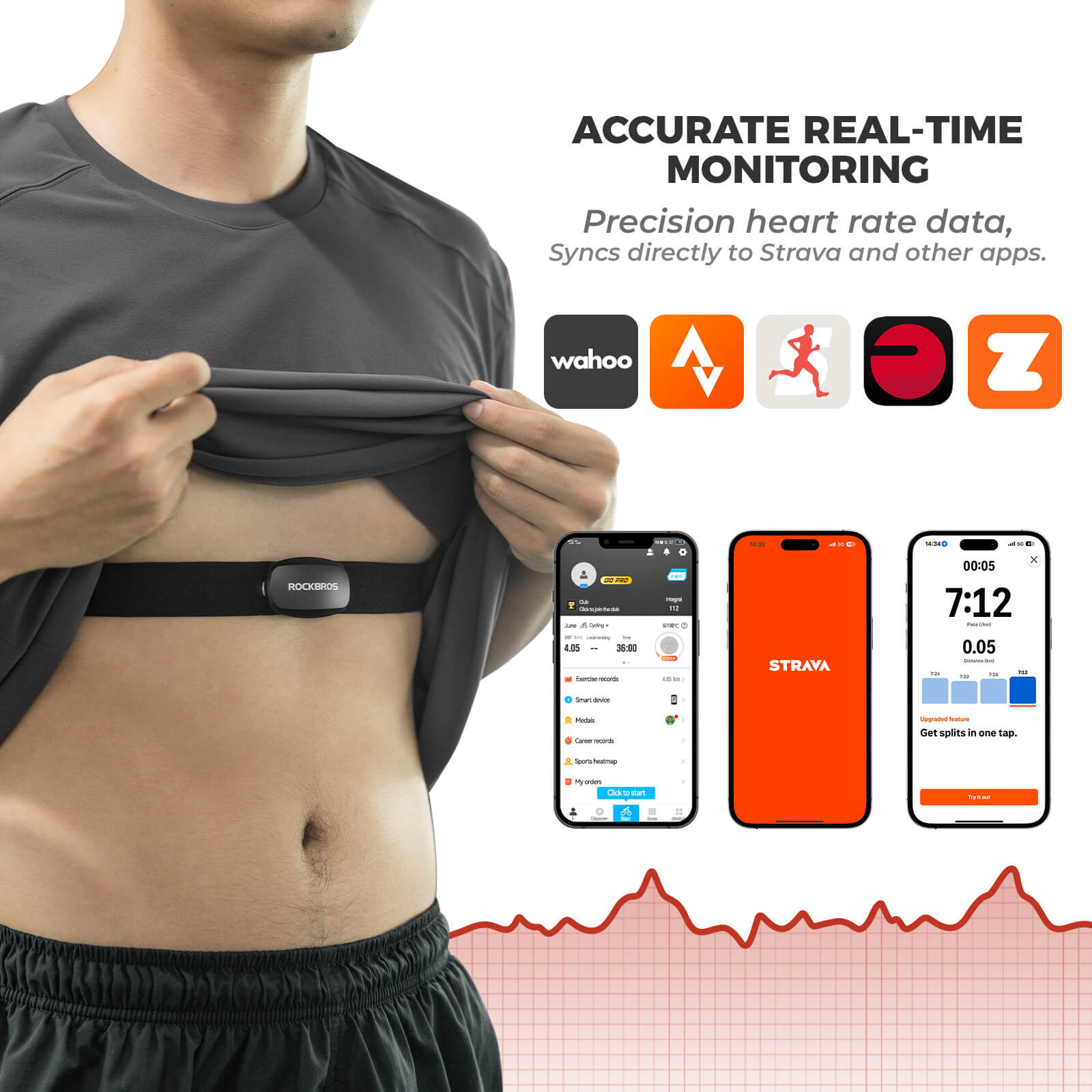 ROCKBROS Bluetooth ANT+ heart rate monitor chest strap for cycling, running, and fitness training