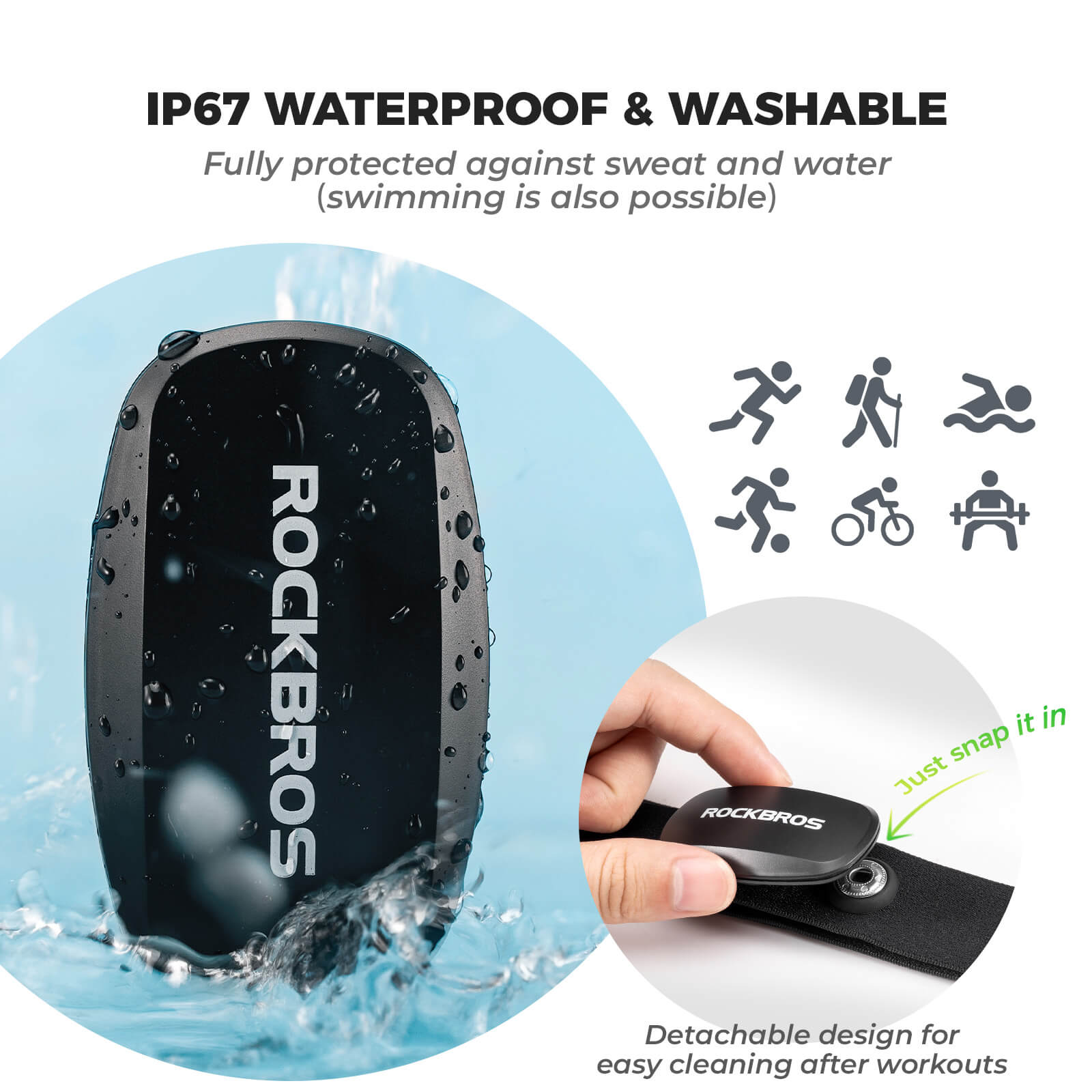 ROCKBROS Bluetooth ANT+ heart rate monitor chest strap for cycling, running, and fitness training