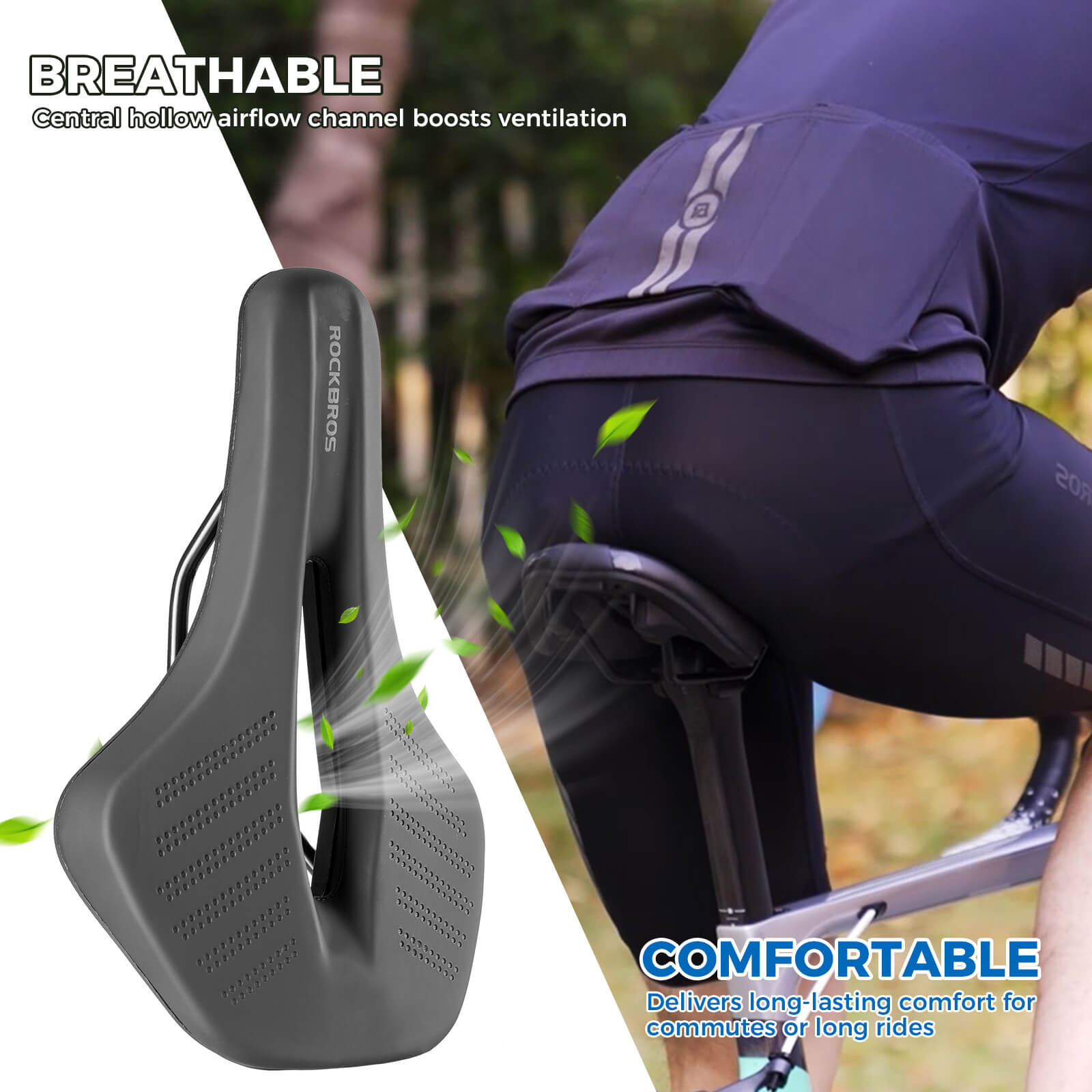 ROCKBROS breathable ergonomic bike seat with hollow center for pressure relief and airflow