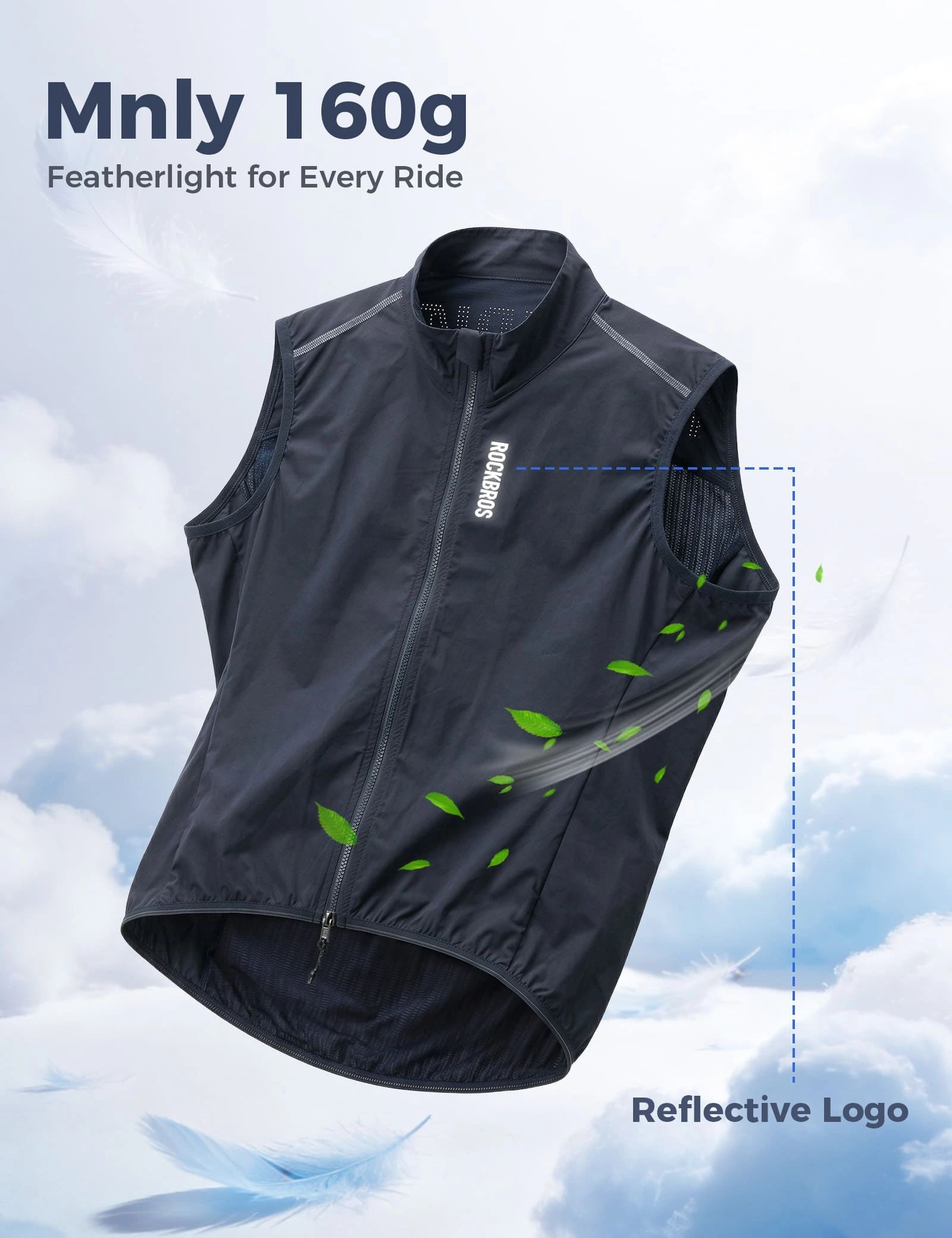 ROCKBROS windproof cycling vest with breathable mesh and packable design for outdoor sports