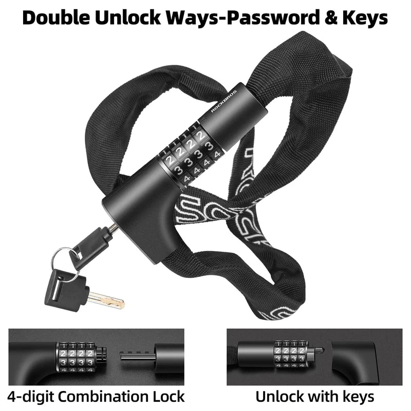 ROCKBROS combination bike chain lock with dual unlock system code and key