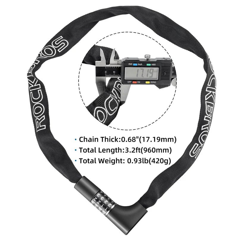 ROCKBROS combination bike chain lock with dual unlock system code and key
