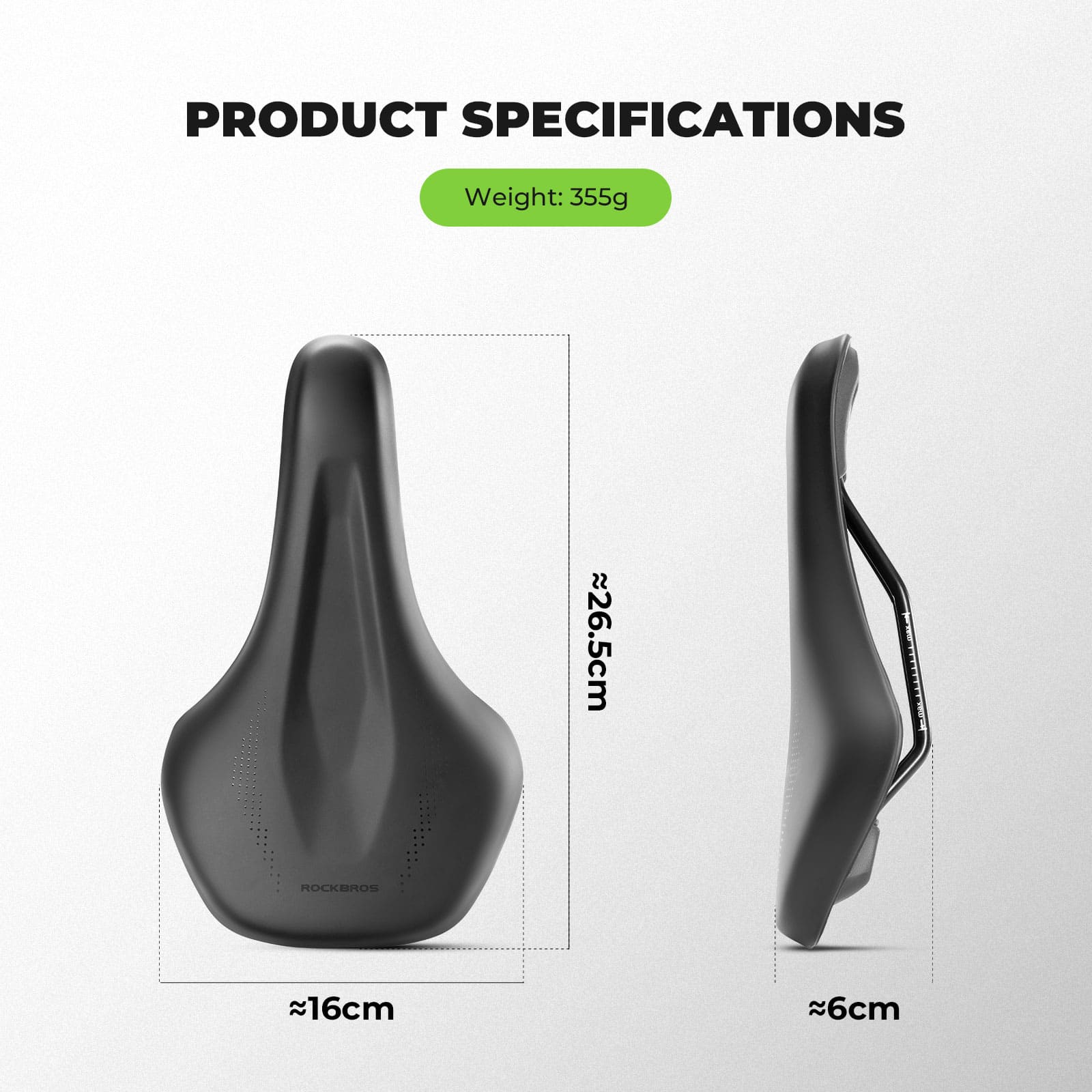 ROCKBROS contoured bicycle saddle technical drawing with size and weight details