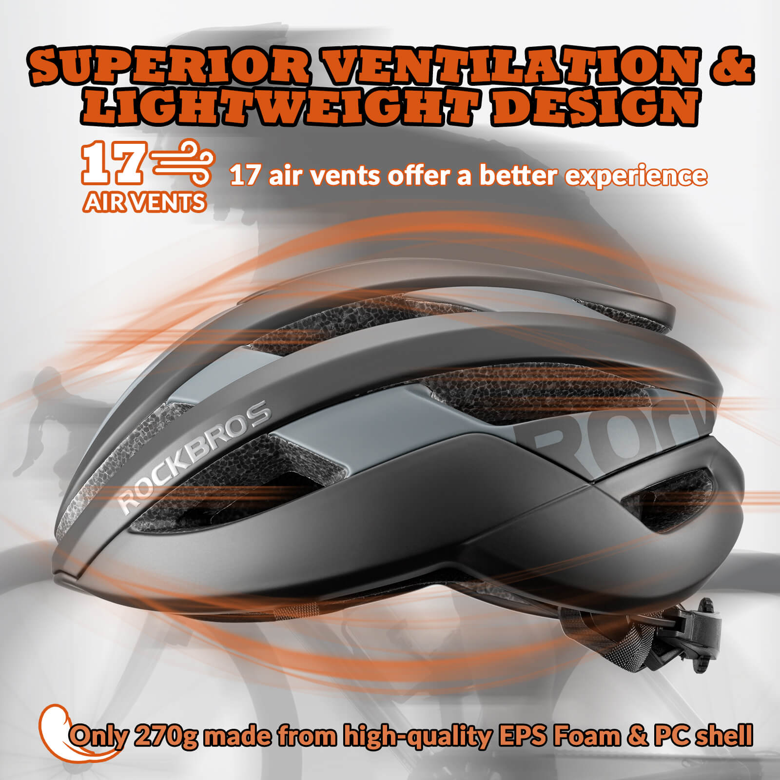 ROCKBROS cycling helmet with CPSC certification, ionic antibacterial liner, PC+EPS in-mold construction
#Color_Black