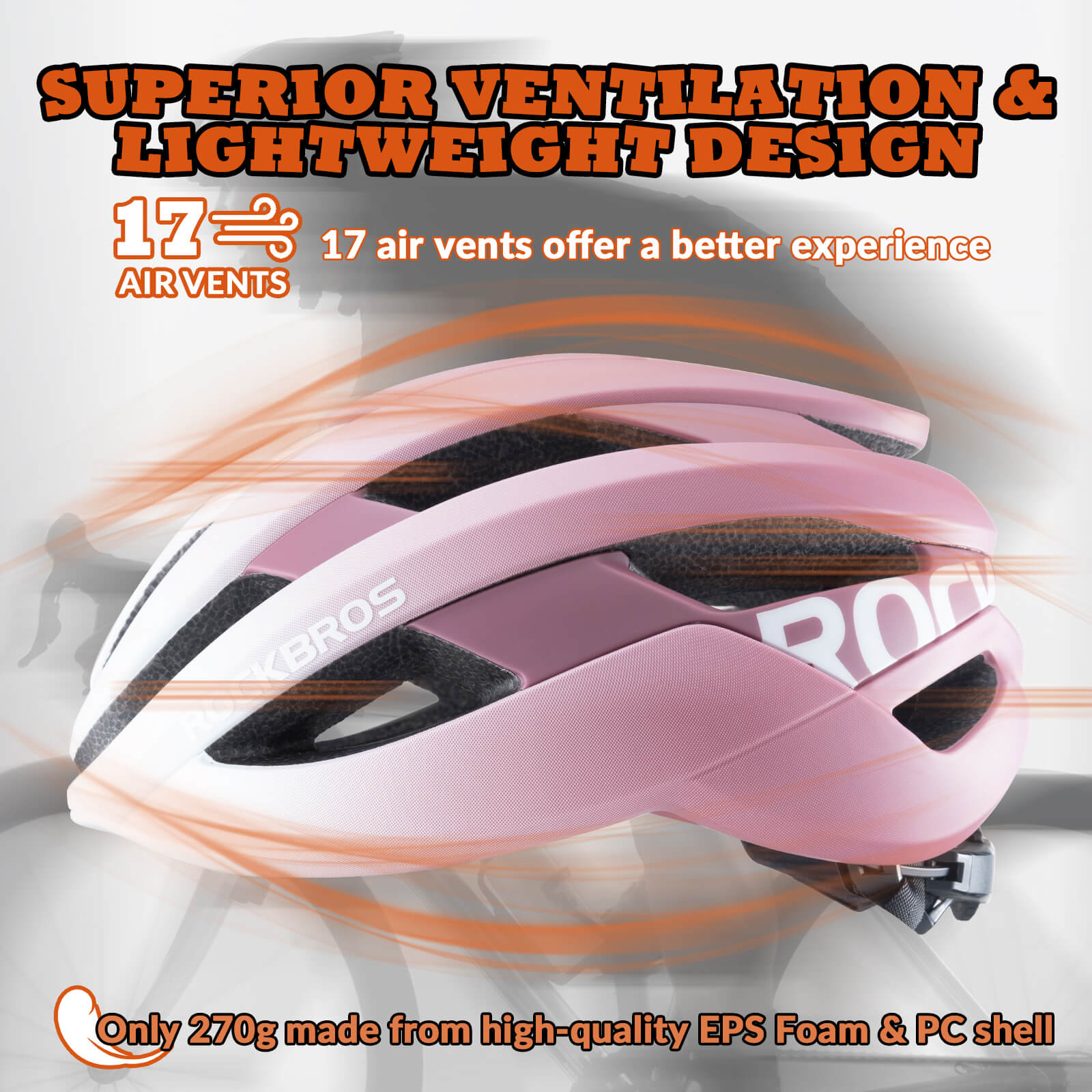 ROCKBROS cycling helmet with CPSC certification, ionic antibacterial liner, PC+EPS in-mold construction
#Color_White Pink Gradient