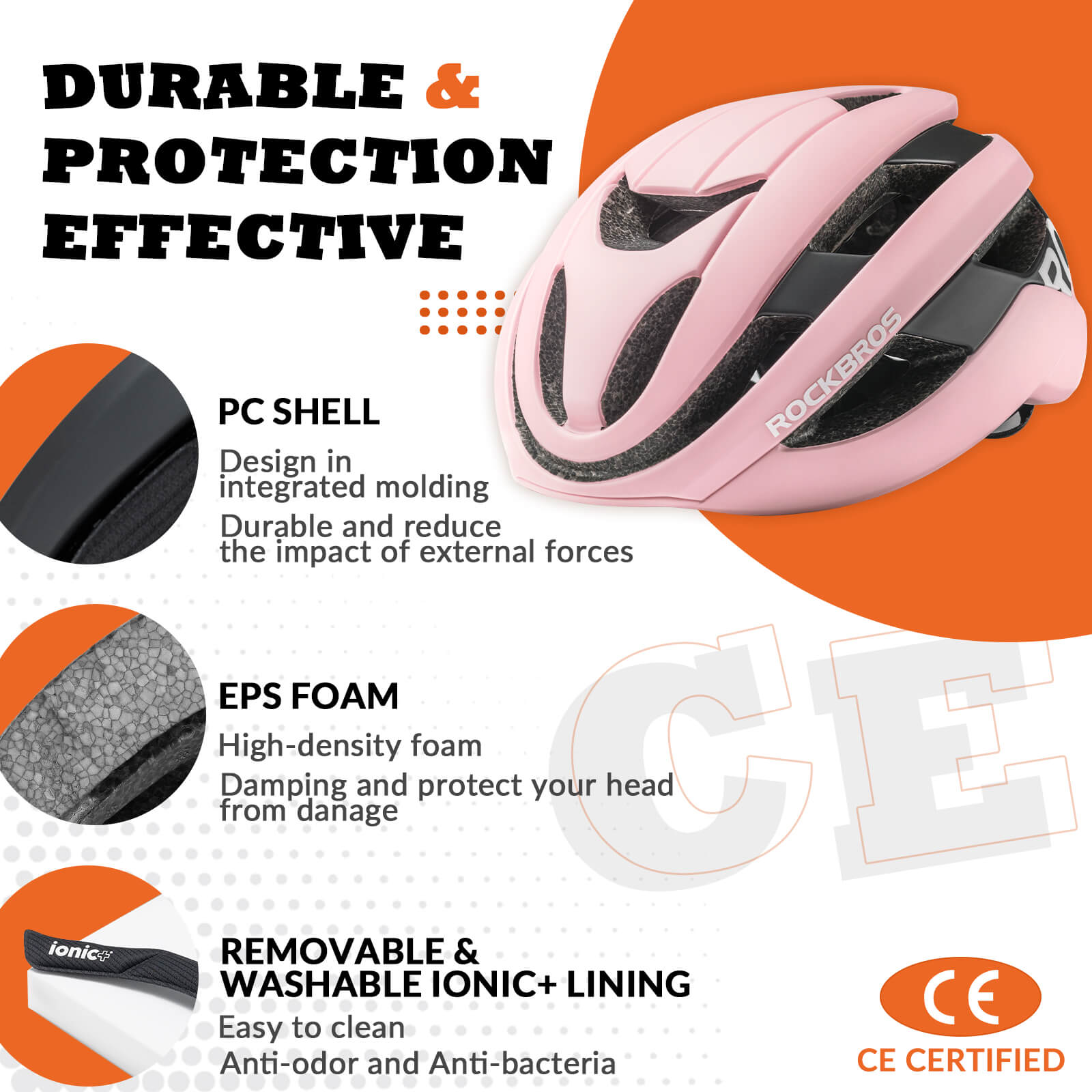ROCKBROS cycling helmet with CPSC certification, ionic antibacterial liner, PC+EPS in-mold construction
#Color_Glossy Pink