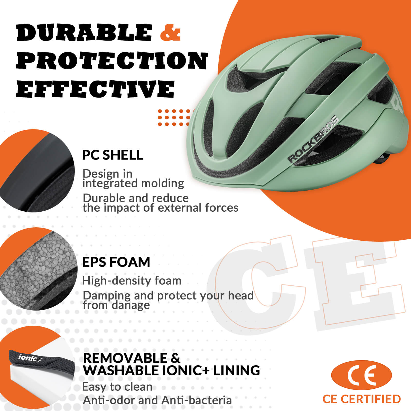 ROCKBROS cycling helmet with CPSC certification, ionic antibacterial liner, PC+EPS in-mold construction
#Color_Matte Green