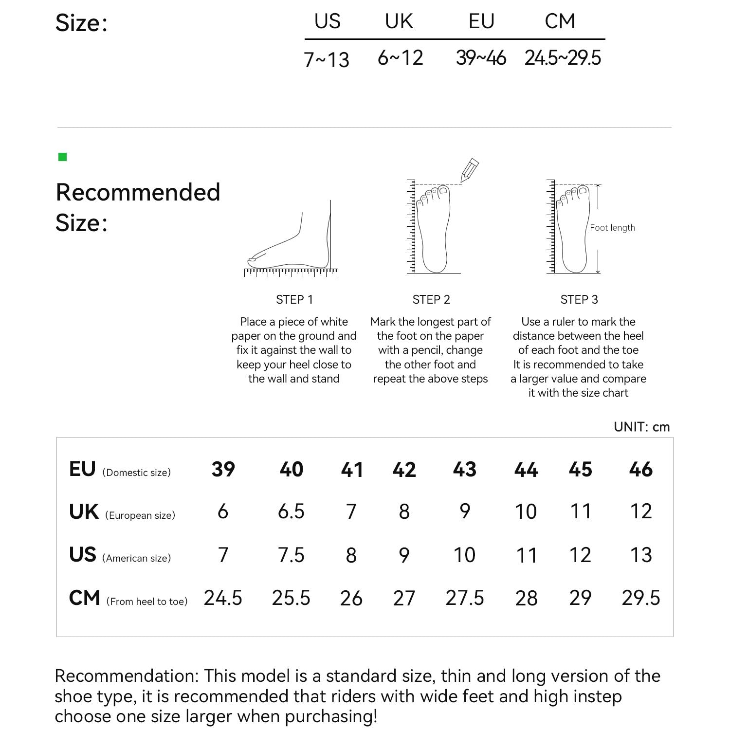 ROCKBROS CR4 Clipless Cycling Shoes size chart for men and women