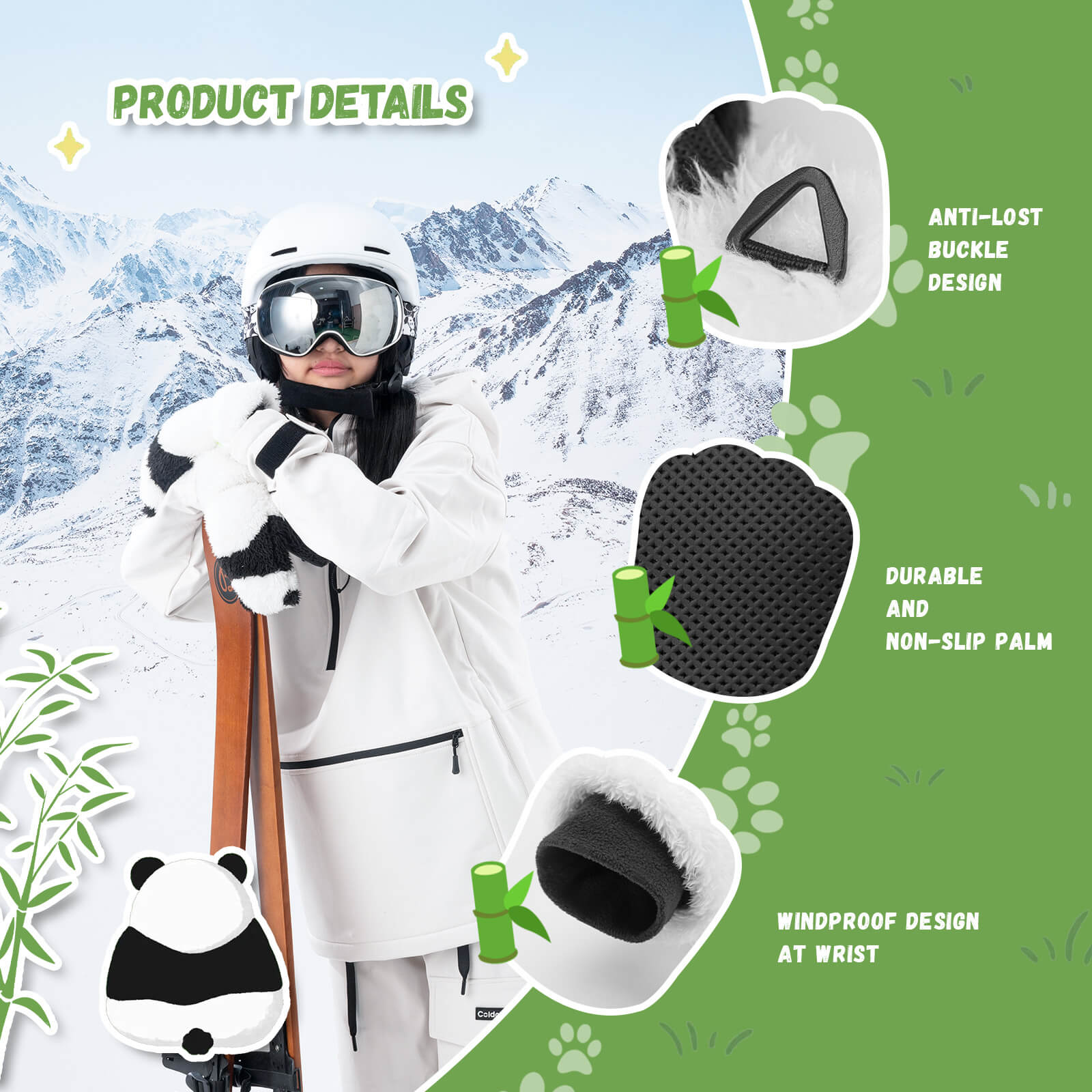 Cute panda design ski mittens by ROCKBROS for family skiing and outdoor adventures.