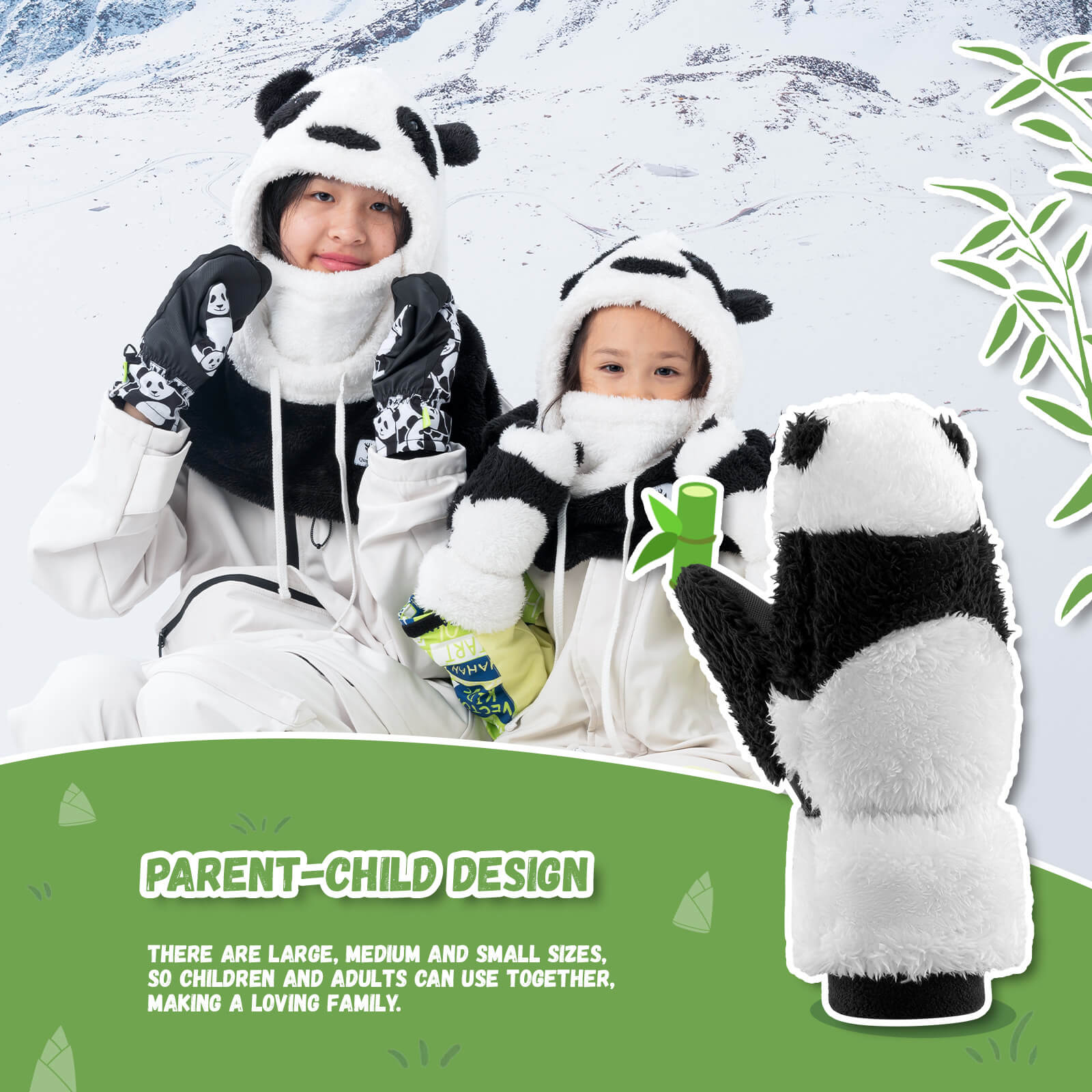 Cute panda design ski mittens by ROCKBROS for family skiing and outdoor adventures.