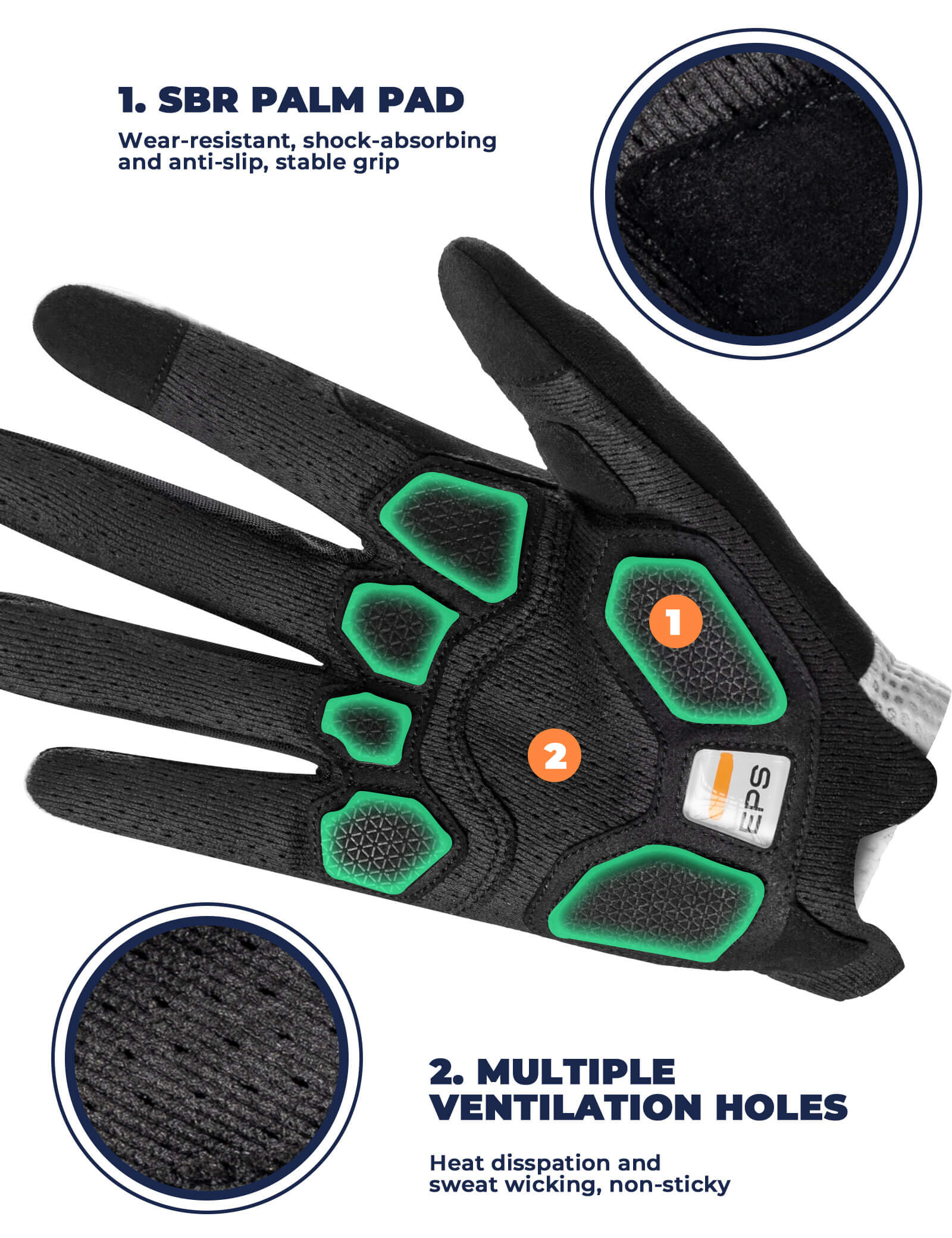 Close-up of ROCKBROS cycling gloves showing anti-slip microfiber palm and SBR padding for shock absorption.