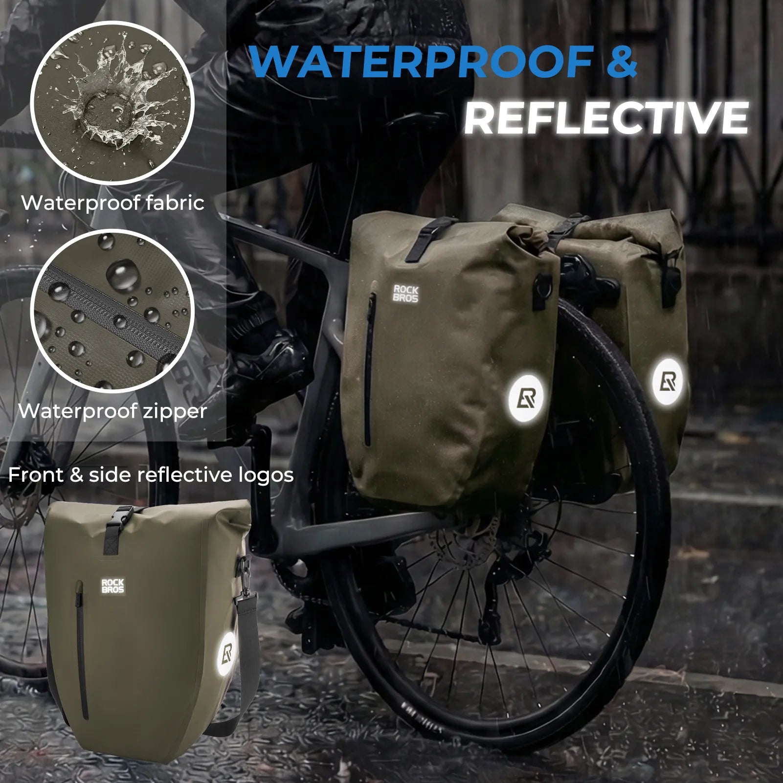 ROCKBROS black waterproof bike pannier 20L roll top rear rack bag
#Color_Dark Green