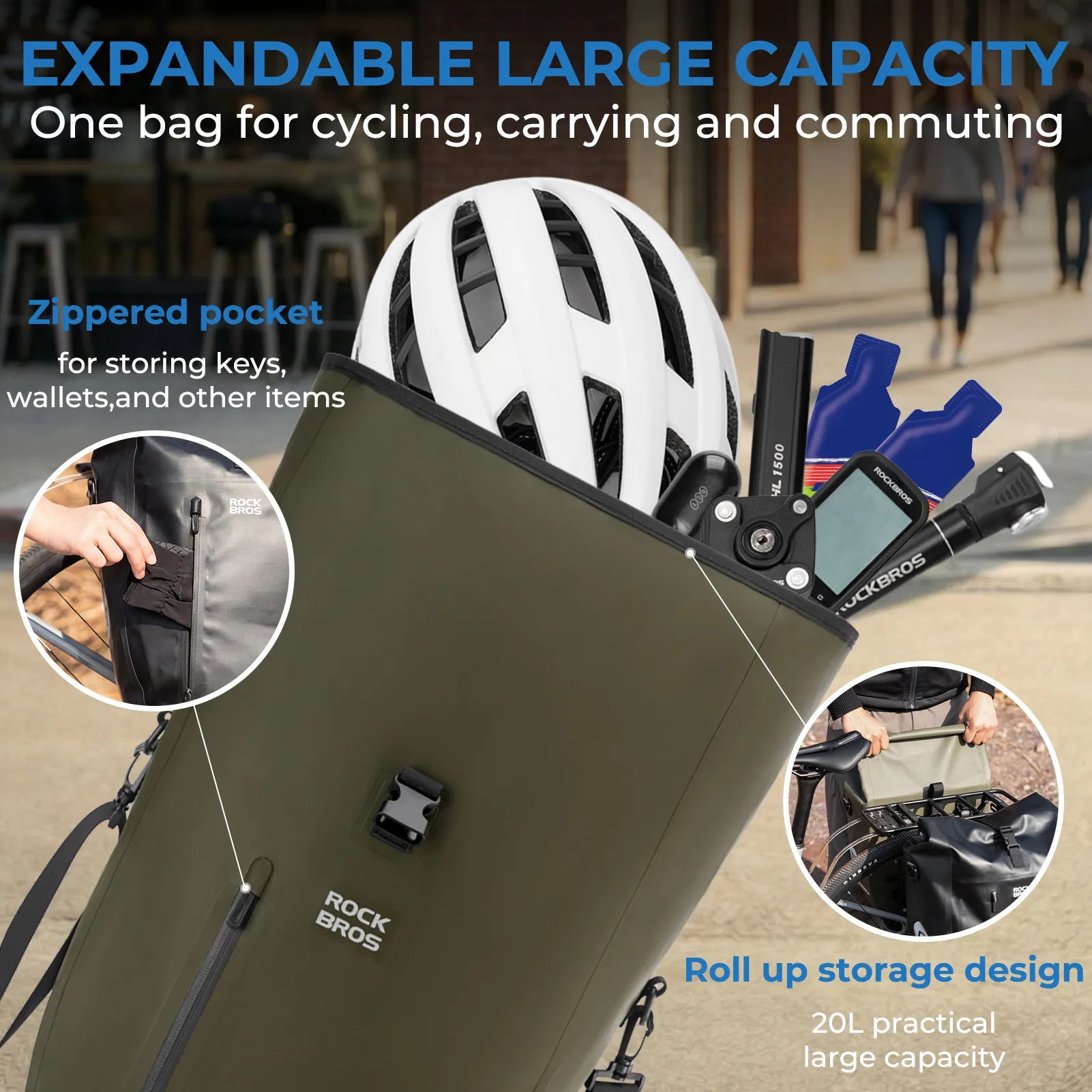 ROCKBROS black waterproof bike pannier 20L roll top rear rack bag
#Color_Dark Green