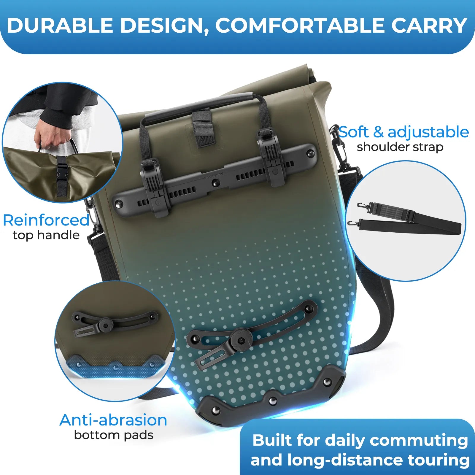 ROCKBROS black waterproof bike pannier 20L roll top rear rack bag
#Color_Dark Green