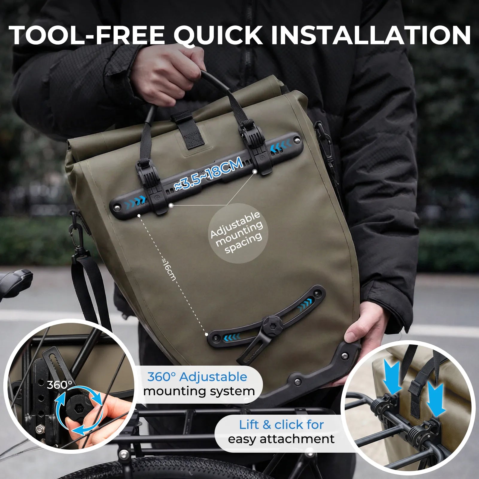 ROCKBROS black waterproof bike pannier 20L roll top rear rack bag
#Color_Dark Green
