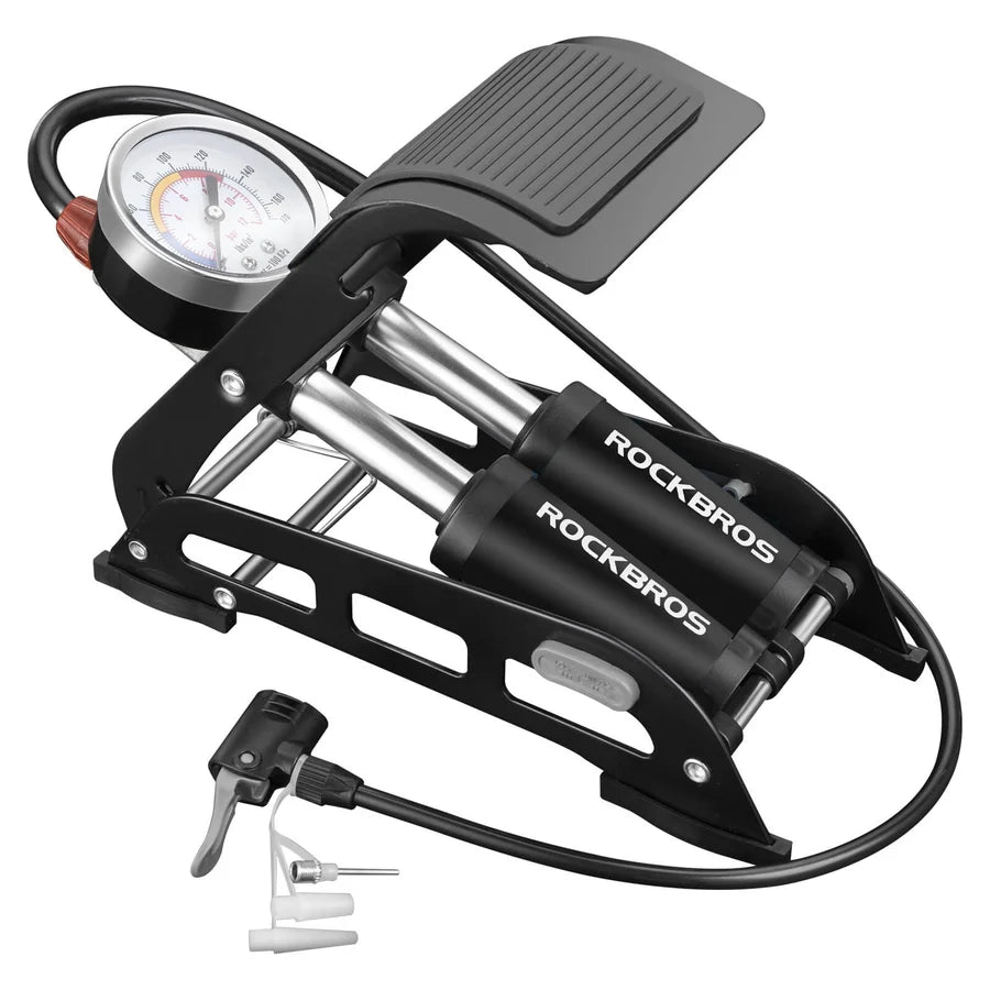ROCKBROS dual cylinder foot bike pump with pressure gauge, 160 PSI, Presta and Schrader compatible