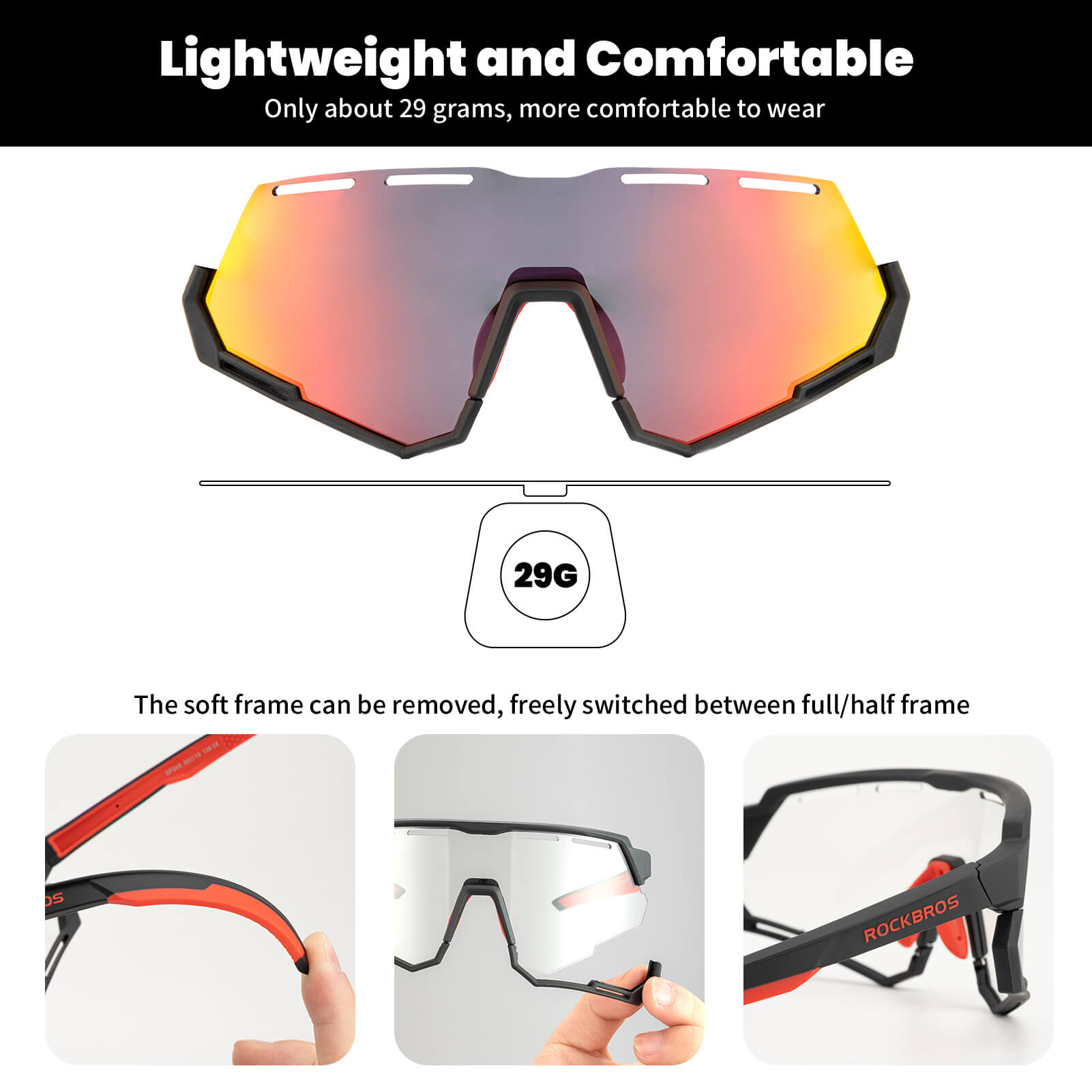 ROCKBROS dual lens cycling glasses with photochromic and polarized interchangeable lenses for outdoor sports