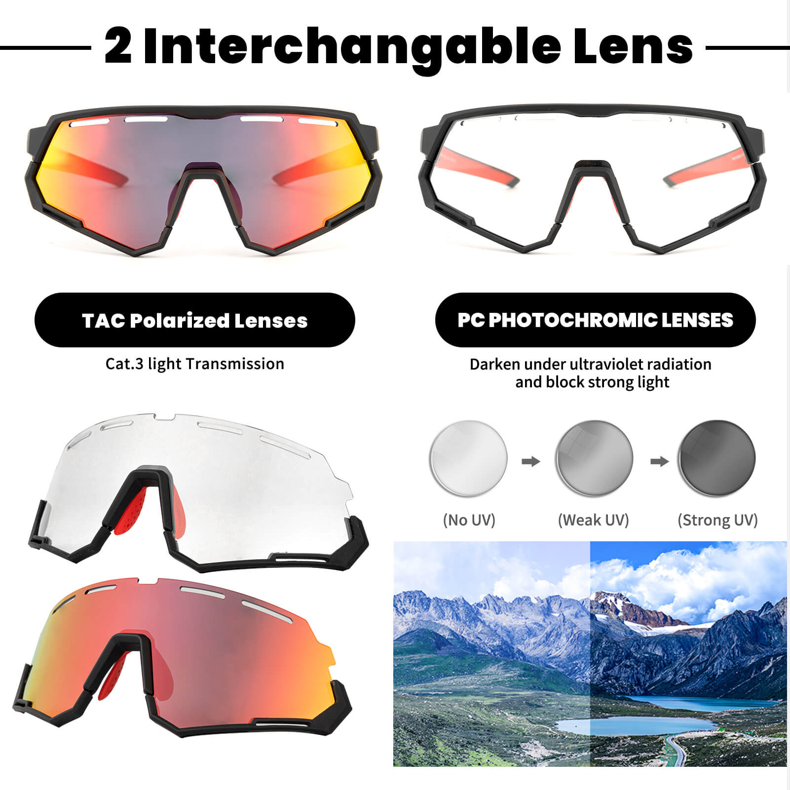 ROCKBROS dual lens cycling glasses with photochromic and polarized interchangeable lenses for outdoor sports