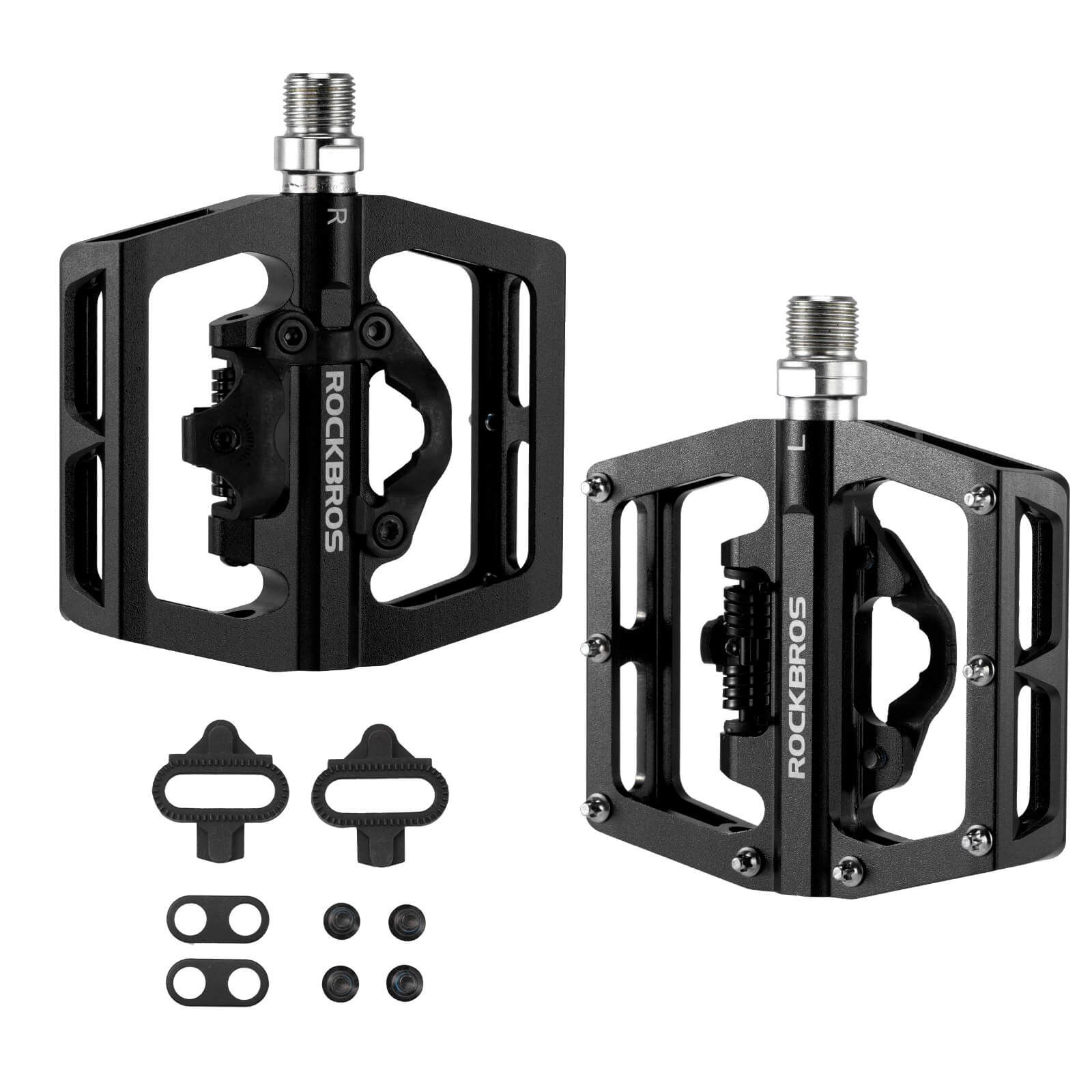 ROCKBROS Dual-Use Clipless & Flat Bike Pedals showing clipless and flat sides for mountain biking
#Color_Black