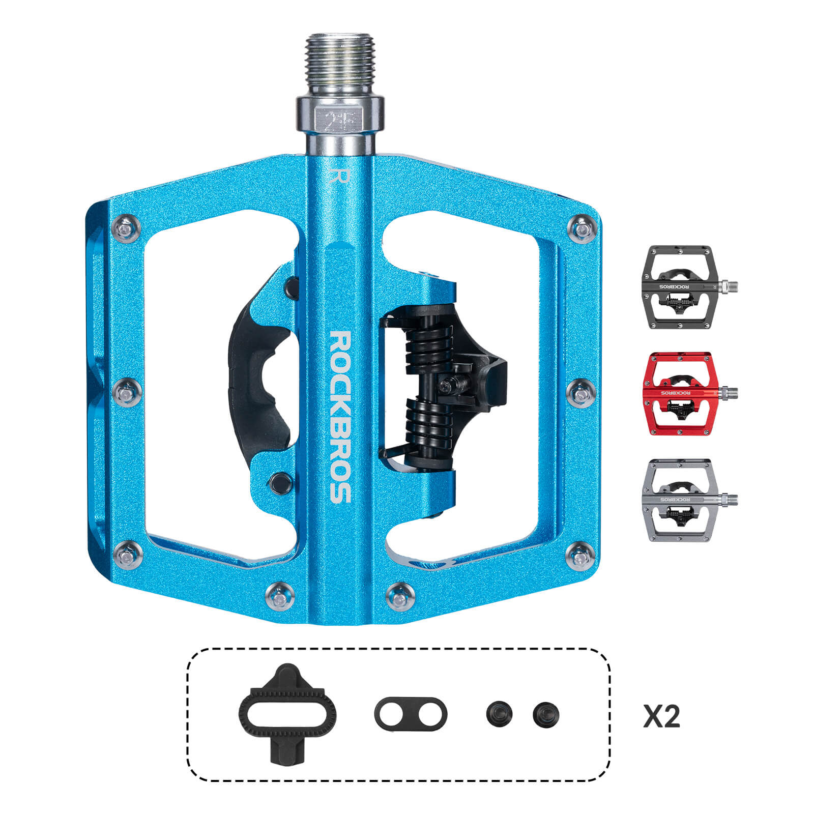 ROCKBROS Dual-Use Clipless & Flat Bike Pedals showing clipless and flat sides for mountain biking
#Color_Blue