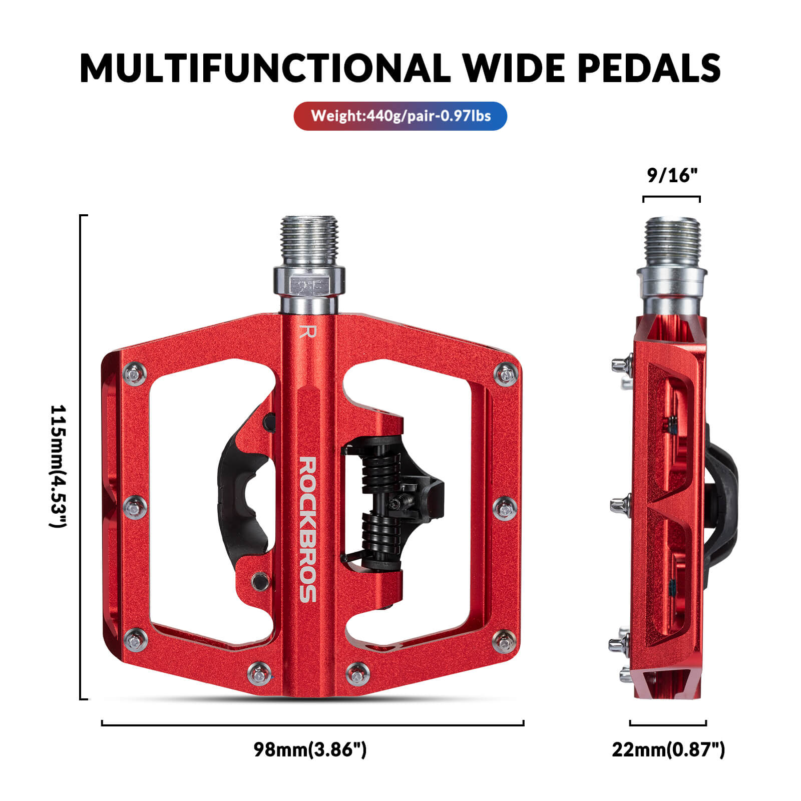 ROCKBROS Dual-Use Clipless & Flat Bike Pedals showing clipless and flat sides for mountain biking
#Color_Red