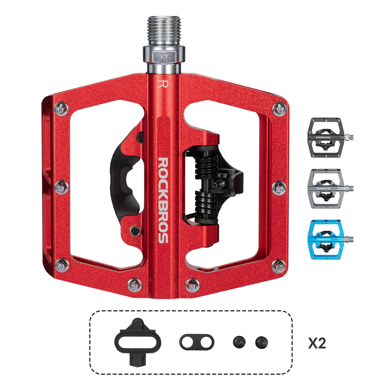 ROCKBROS Dual-Use Clipless & Flat Bike Pedals showing clipless and flat sides for mountain biking
#Color_Red