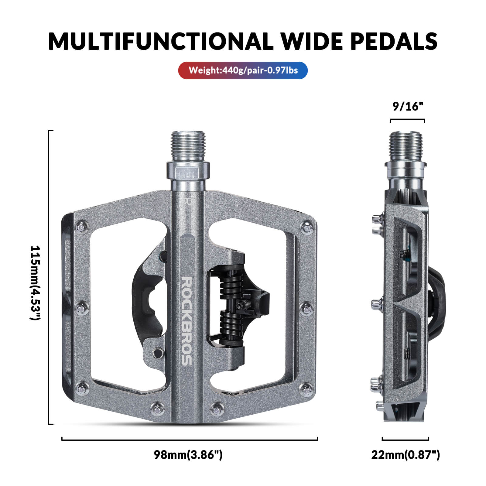 ROCKBROS Dual-Use Clipless & Flat Bike Pedals showing clipless and flat sides for mountain biking
#Color_Titanium