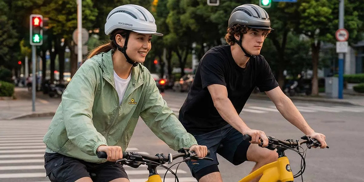 ROCKBROS e-bike accessories including helmets, bags, lights, pumps, and riding essentials for commuting and outdoor adventures