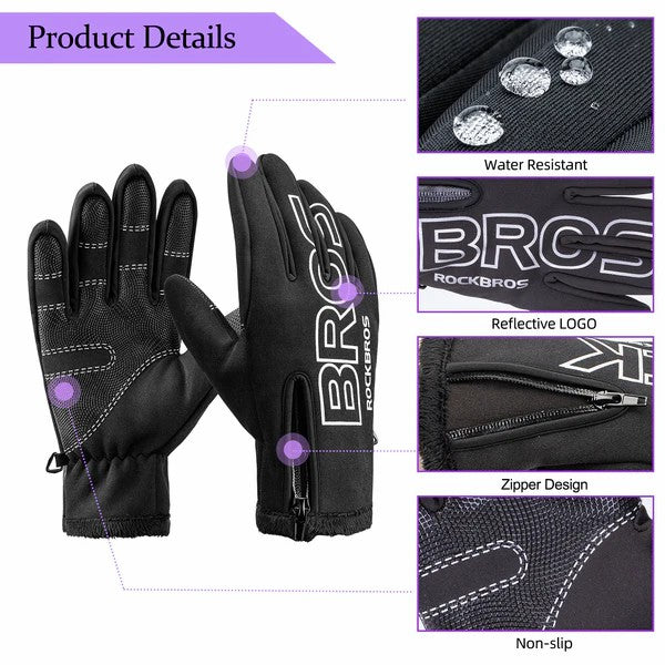 ROCKBROS fleece touchscreen cycling gloves for winter, warm windproof biking gloves with non-slip grip and water-repellent design