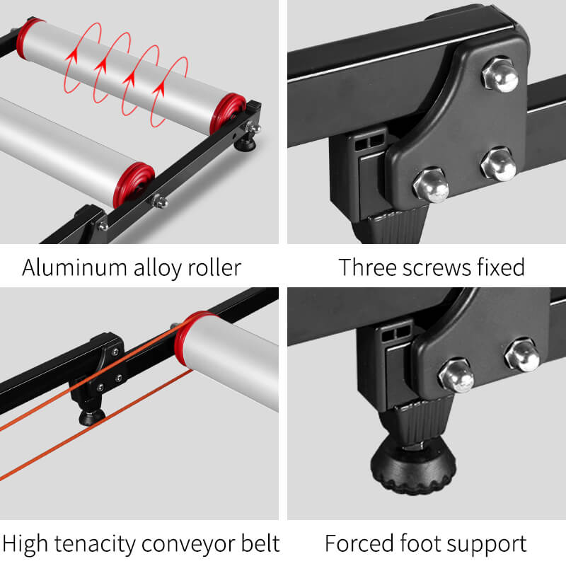 ROCKBROS foldable aluminum roller bike trainer showing both expanded and folded states for compact indoor cycling storage.