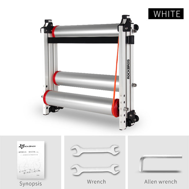ROCKBROS foldable aluminum roller bike trainer showing both expanded and folded states for compact indoor cycling storage.
#Color_White